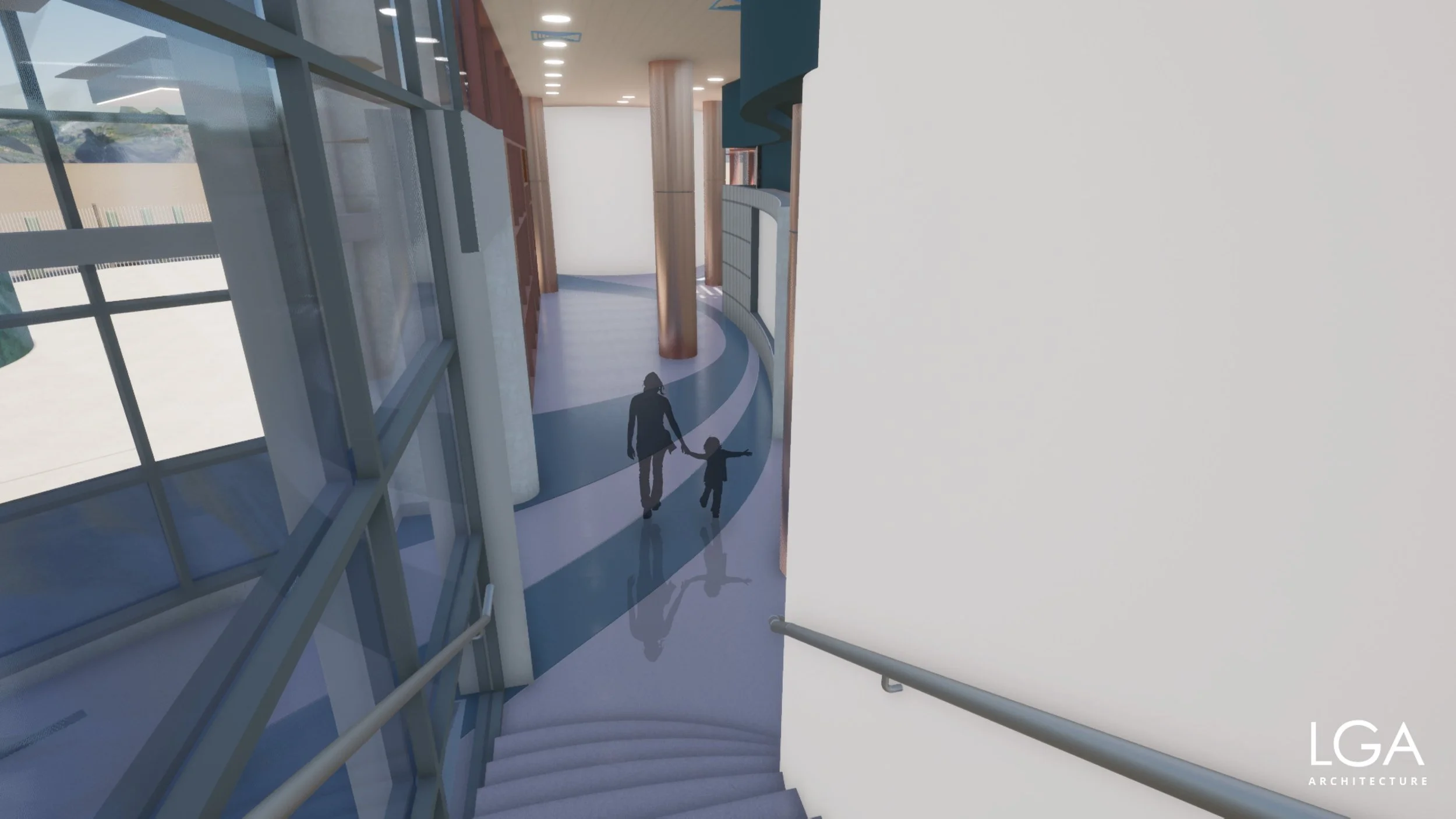 /// HOOVER DAM VISITOR CENTER RENOVATION
Description: A view from the stairs down into the Gallery, offering a view of the new meandering motif of the proposed terrazzo flooring.