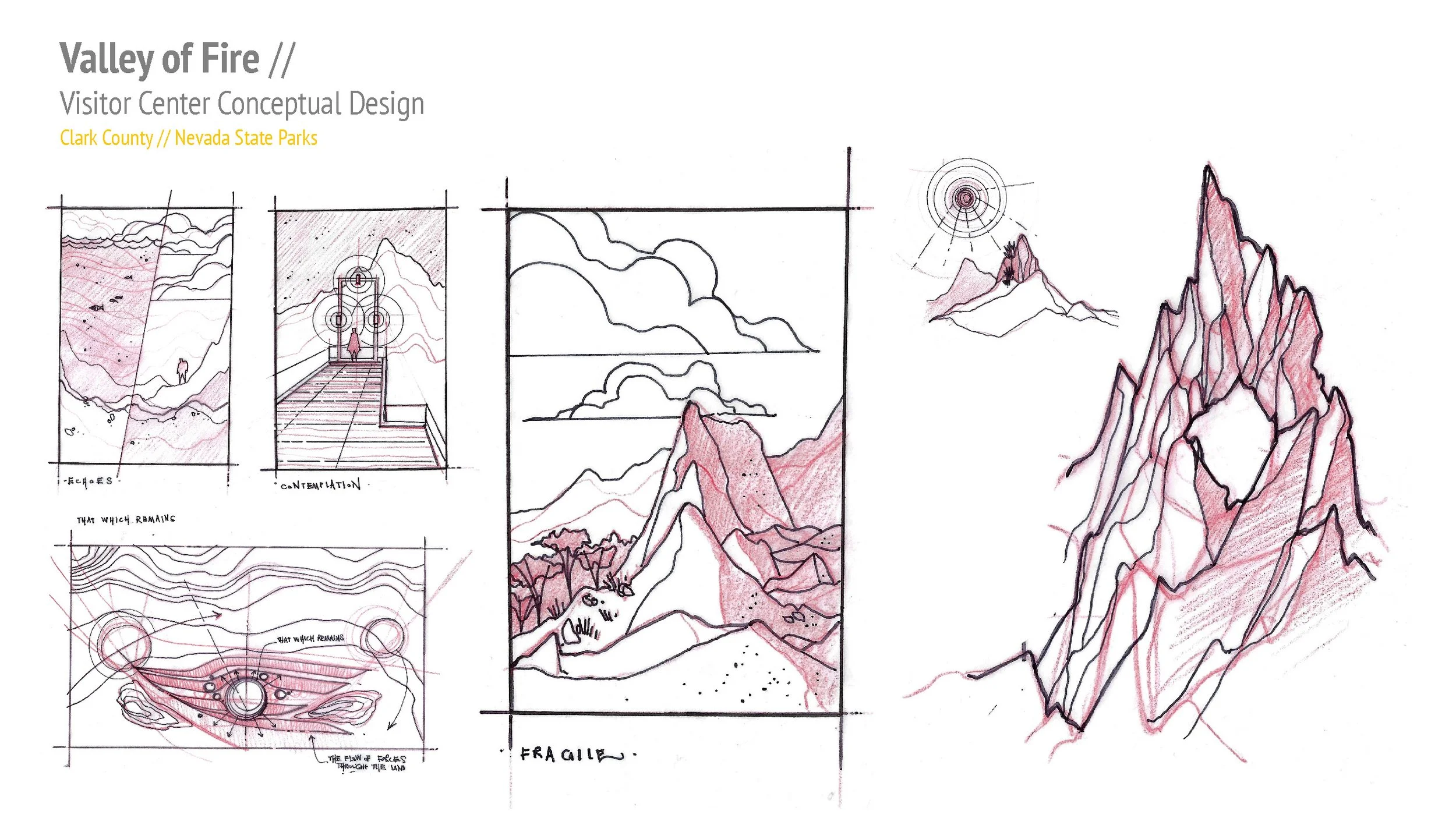 /// VALLEY OF FIRE STATE PARK VISITOR CENTER
Description: Early conceptual explorations for the Valley of Fire Visitor Center RFP. Freehand Illustration.