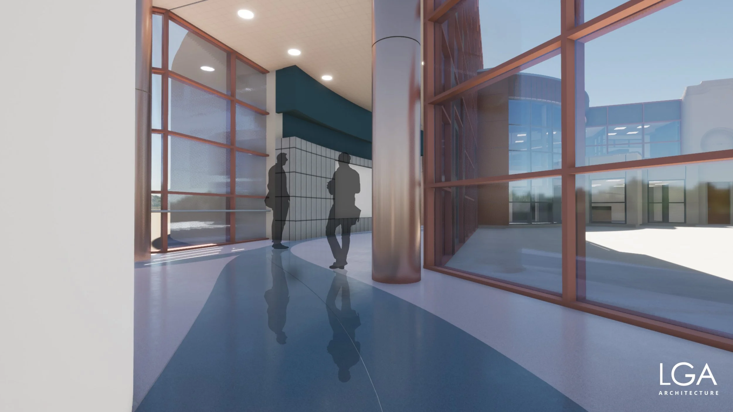 /// HOOVER DAM VISITOR CENTER RENOVATION
Description: A view of the proposed terrazzo flooring design meandering beyond the existing Tour Exit Elevators into the Main Gallery. New column wraps wand an updated interpretive feature wall were to be incl