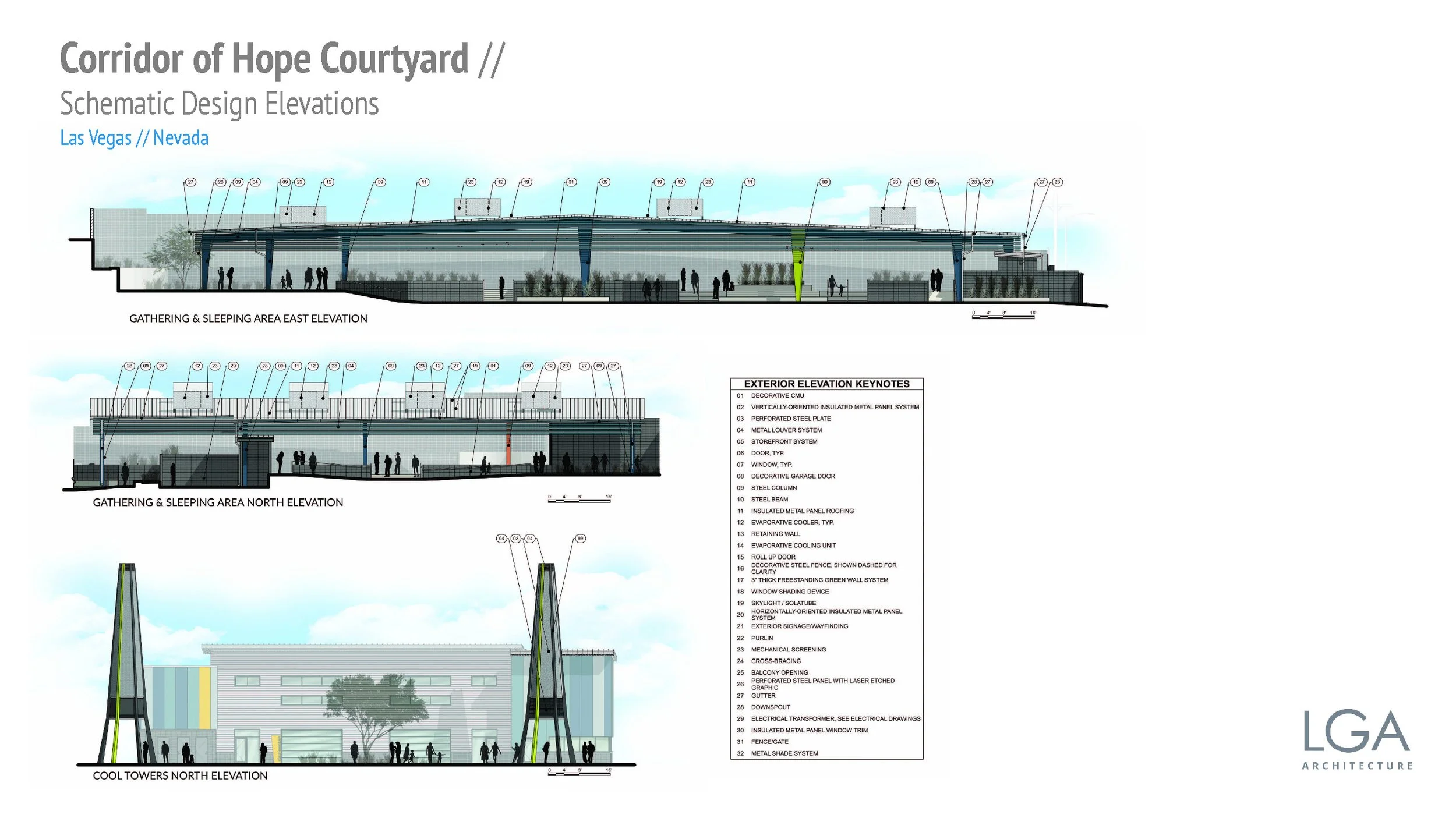 /// CORRIDOR OF HOPE COURTYARD
Description: Rendered elevations of the sleeping shelter and iconic towers for the Corridor of Hope campus, part of the Design Development package submittal provided to the City of Las Vegas. Archicad output with Photos