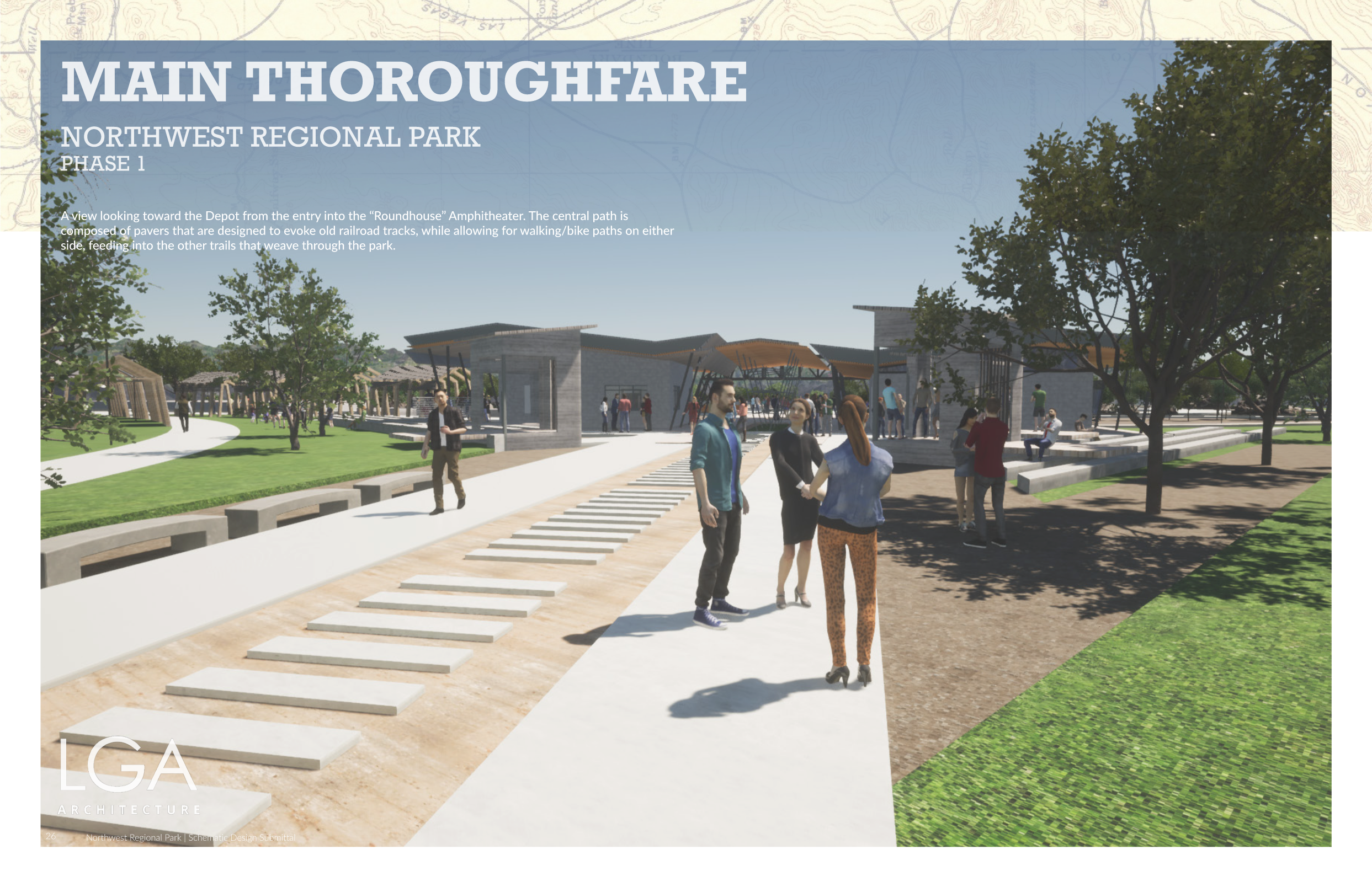 /// NORTHWEST REGIONAL PARK
Description: Rendering of one of the major pedestrian arteries in the Northwest Regional Park development. Rendered in Twinmotion from Archicad model, as part of the Conceptual Design submittal for the City of Las Vegas.