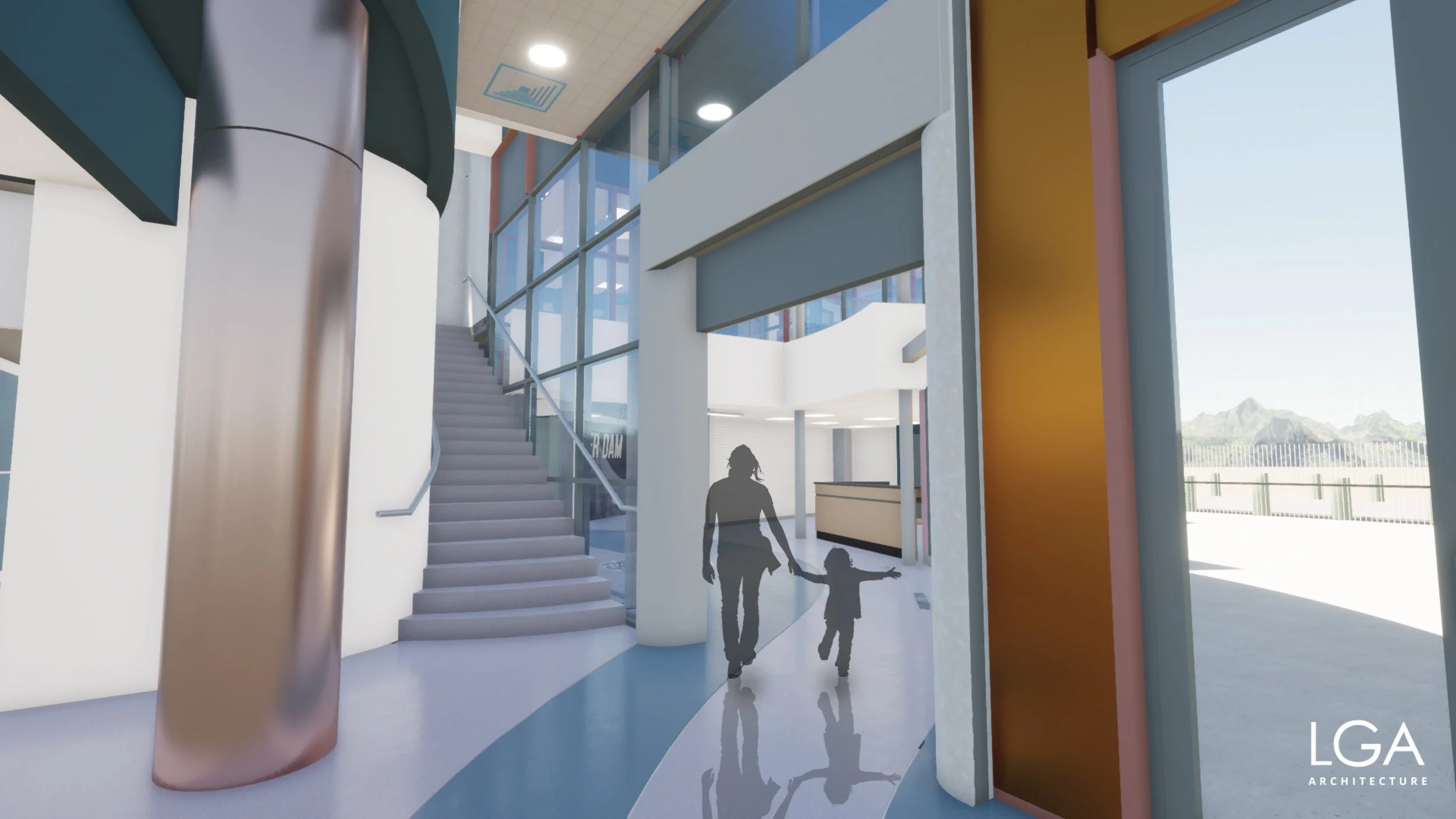 /// HOOVER DAM VISITOR CENTER RENOVATION
Description: A view of the existing stairs up to the Observation Level of the Visitor Center (not in the project scope) and the portal into the new Addition. The Addition was conceived of as a means to reduce 