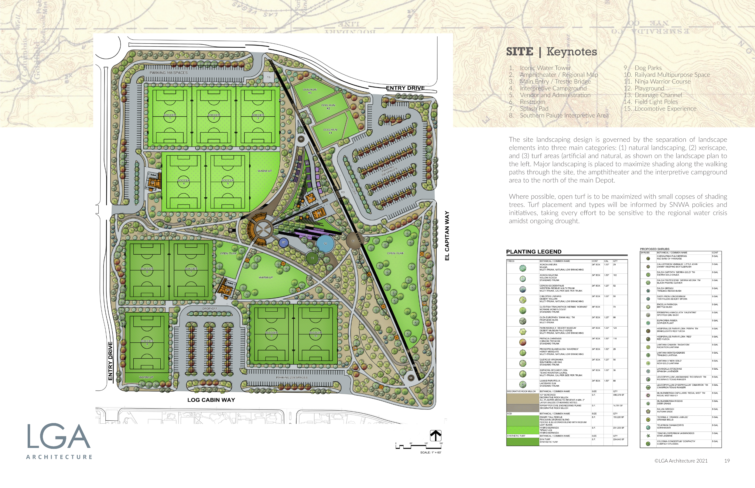 /// NORTHWEST REGIONAL PARK
Description: A master plan of the the first phase (of four) for the Northwest Regional Park to be developed in the Sky Canyon vicinity of Las Vegas. Plan design by LGA Architecture, rendering in this image provided by SLA 