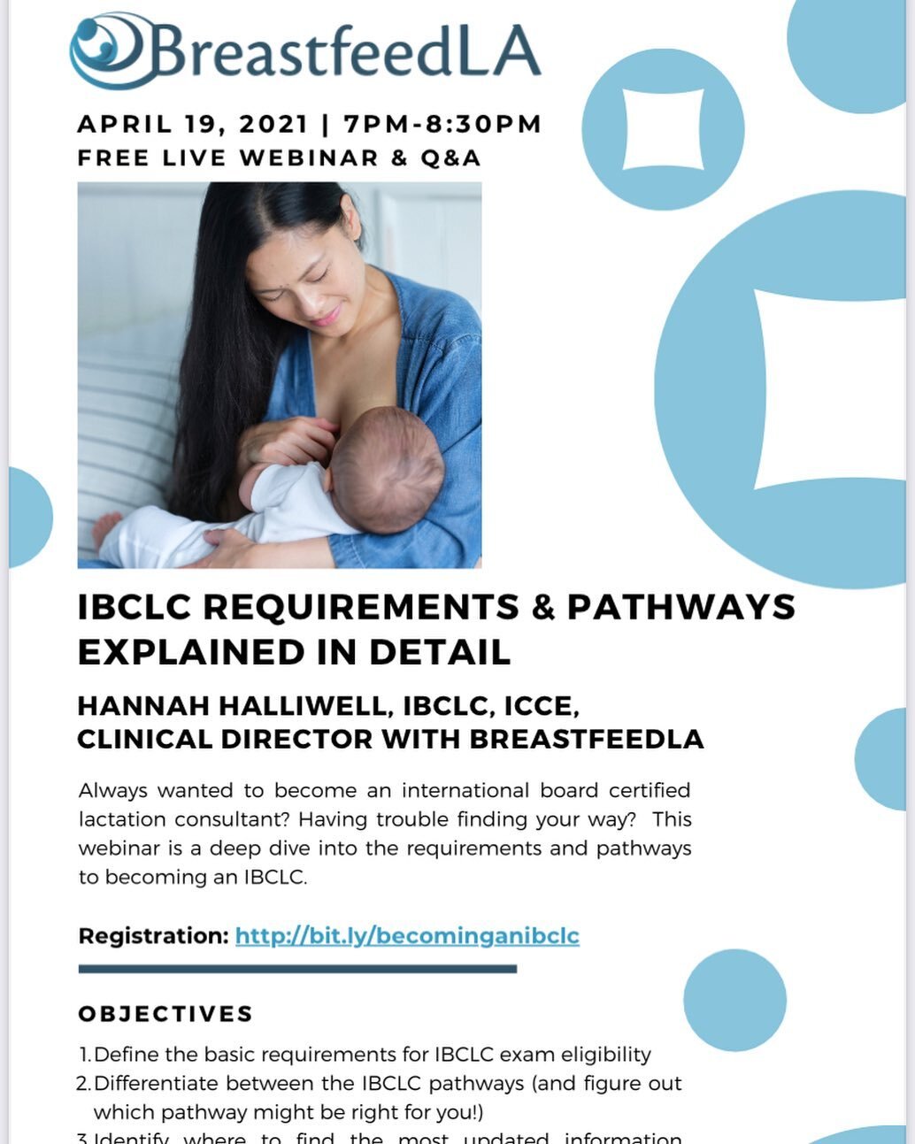 Interested in becoming an IBCLC or want to learn more about the profession? Breastfeed LA is offering a free virtual Q&amp;A! 

http://events.r20.constantcontact.com/register/event?llr=qfjggocab&amp;oeidk=a07ehqfnghwdb08f735&amp;condition=SO_OVERRIDE