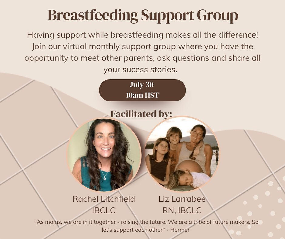 Join @litchfield_lactation &amp; Liz Larrabee for a Virtual Breastfeeding Support group! July 30 at 10am

Topic: Breastfeeding Support Group
Time: Jul 30, 2022 10:00 AM Hawaii

Join Zoom Meeting
https://us02web.zoom.us/j/82784496480?pwd=a0Fldi9hRFEye