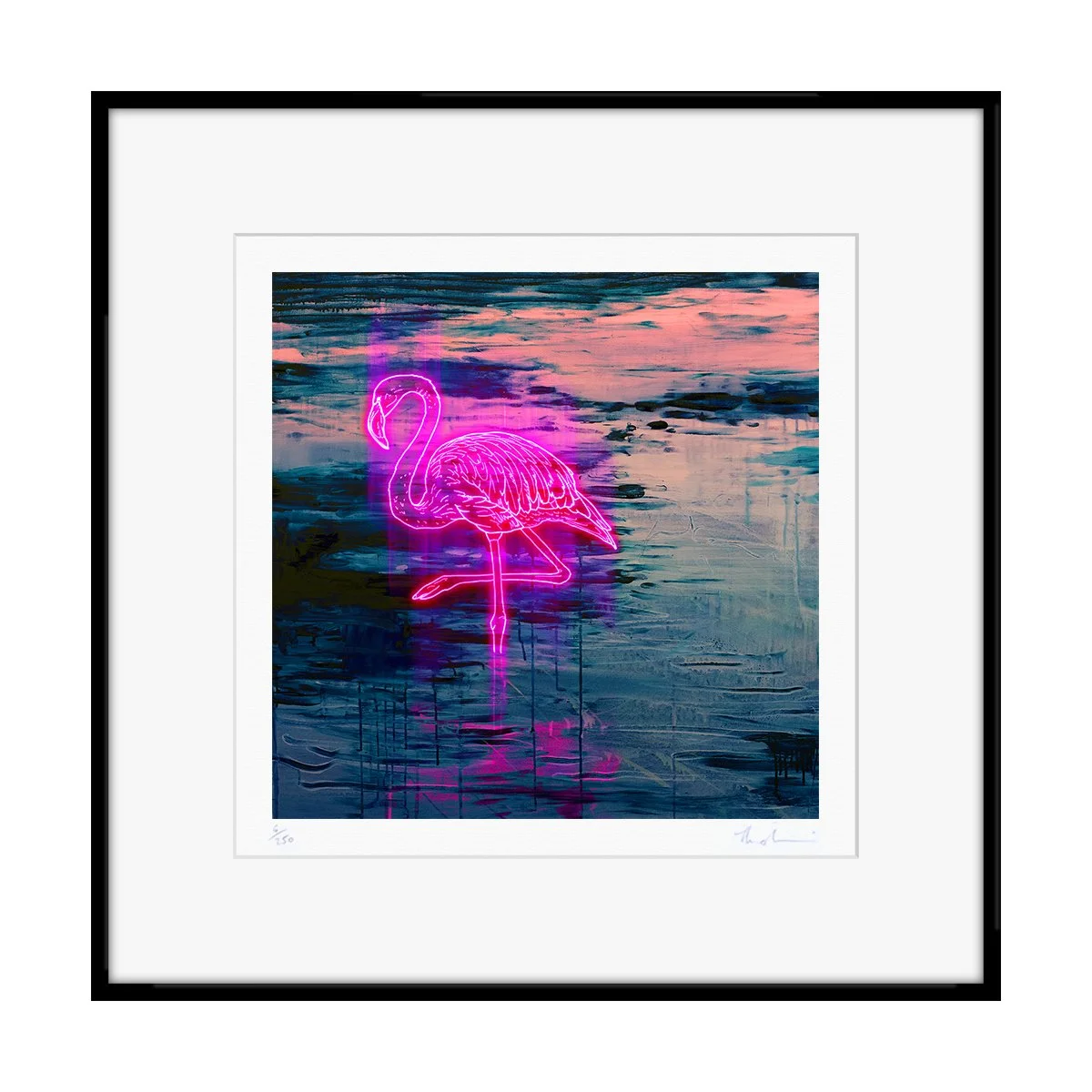 Framed Flamingo Neon Beast print, vibrant pink bird with long neon-lined neck