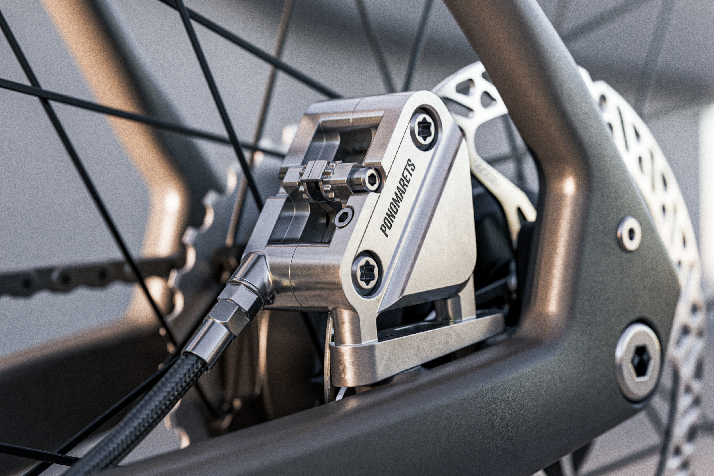Ponomarets EIDOLON rear brake calliper and rotor close-up.