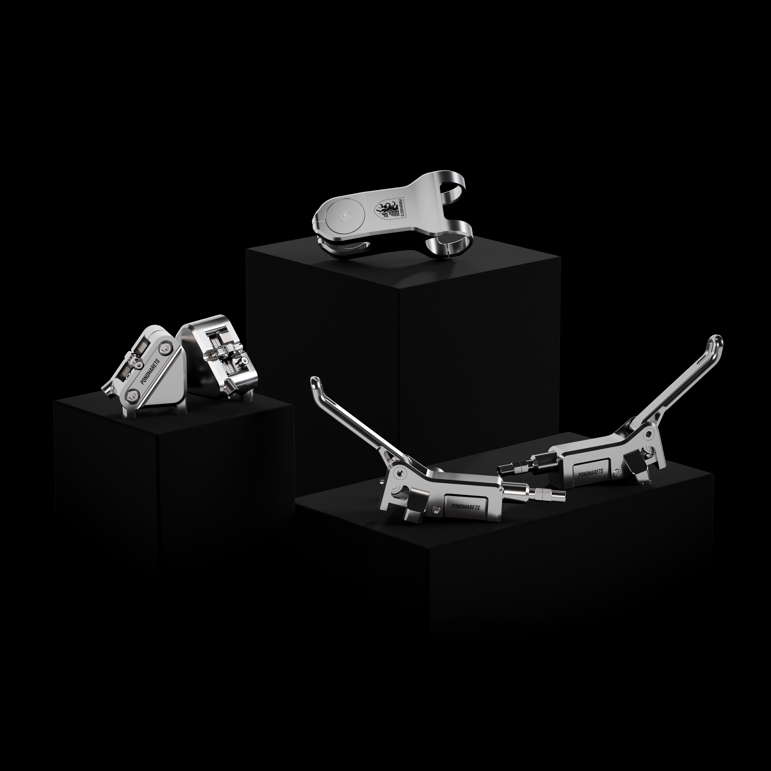 Ponomarets Gems precision components arranged on black plinths against a black background.