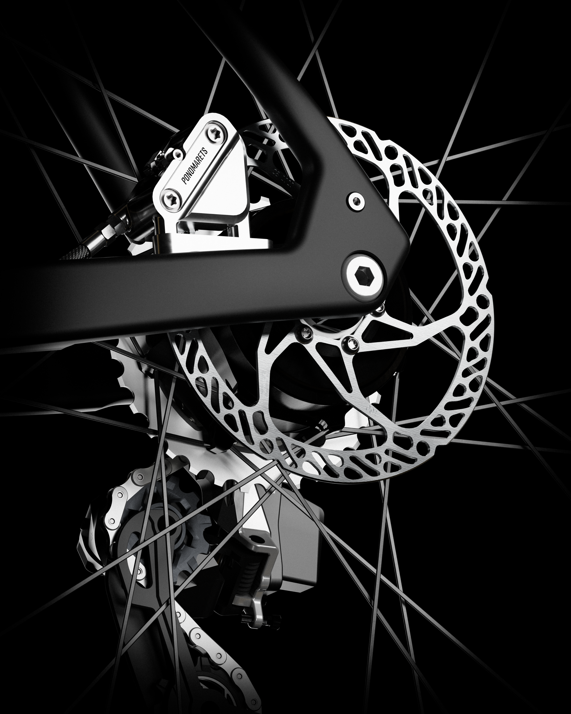 Close-up of Ponomarets rear brake calliper and rotor against a black background.