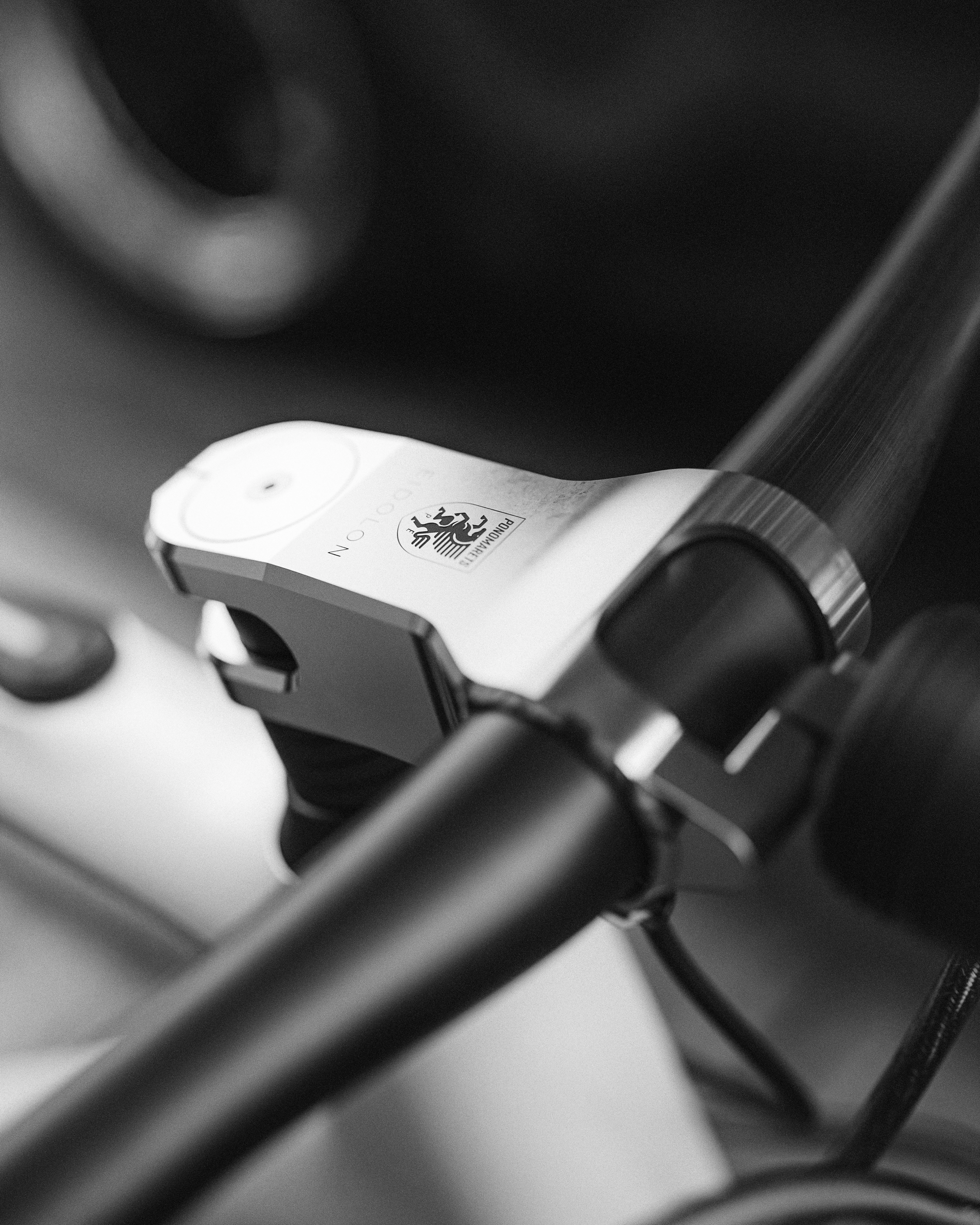 Black and white close-up of a Ponomarets stem and top cap with crest.
