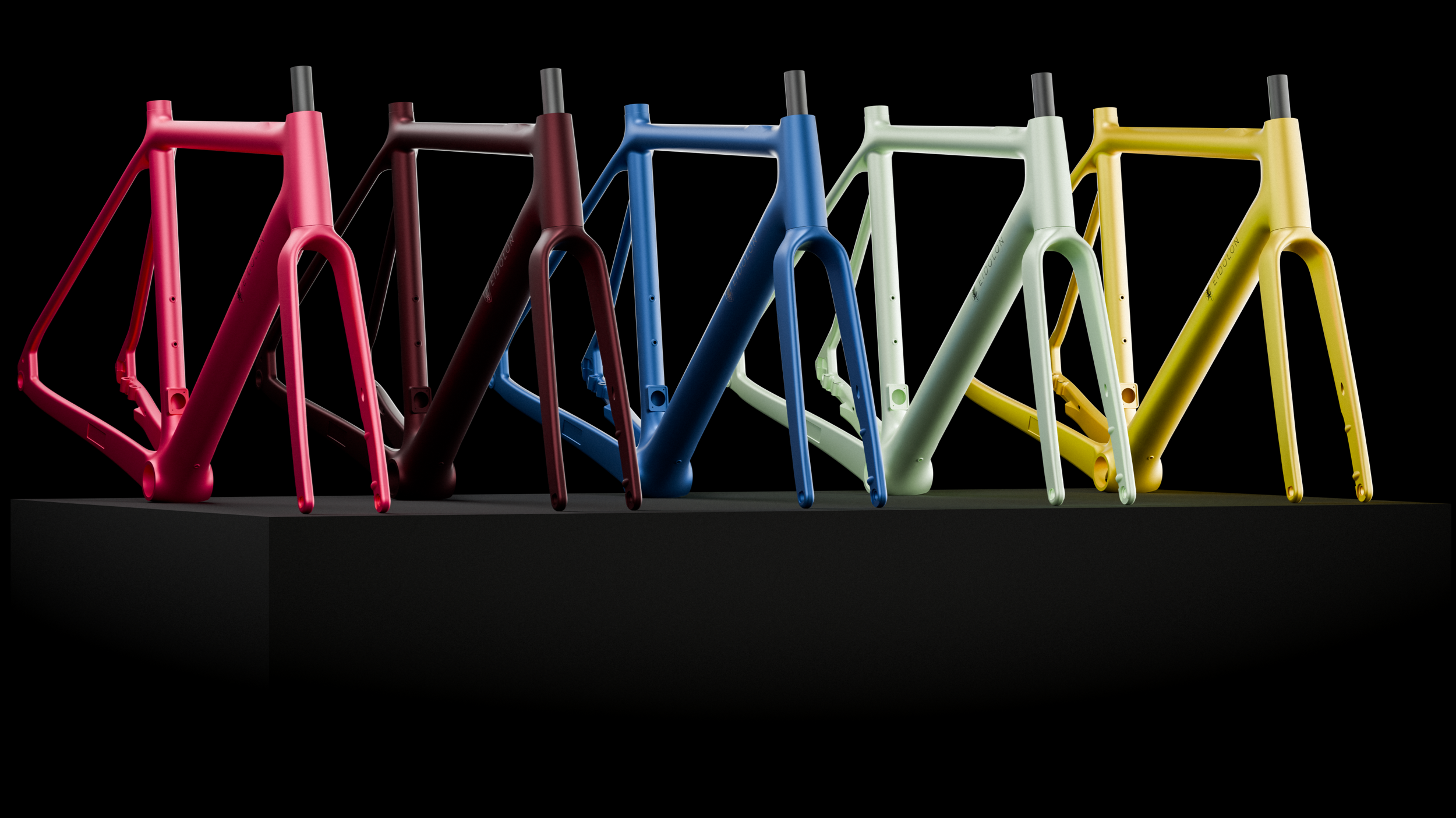 Ponomarets EIDOLON frames in different colour finishes arranged against a black background.