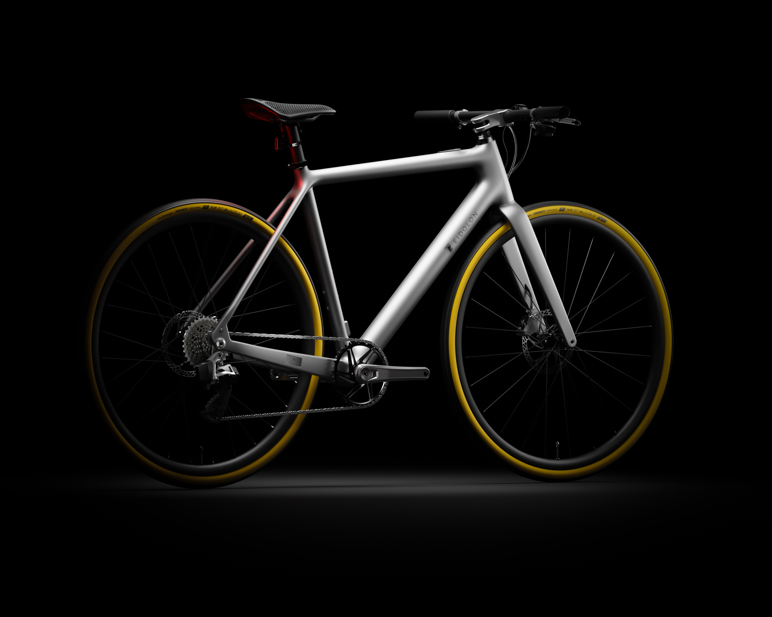Ponomarets EIDOLON eBike in Platinum Silver against a black background.
