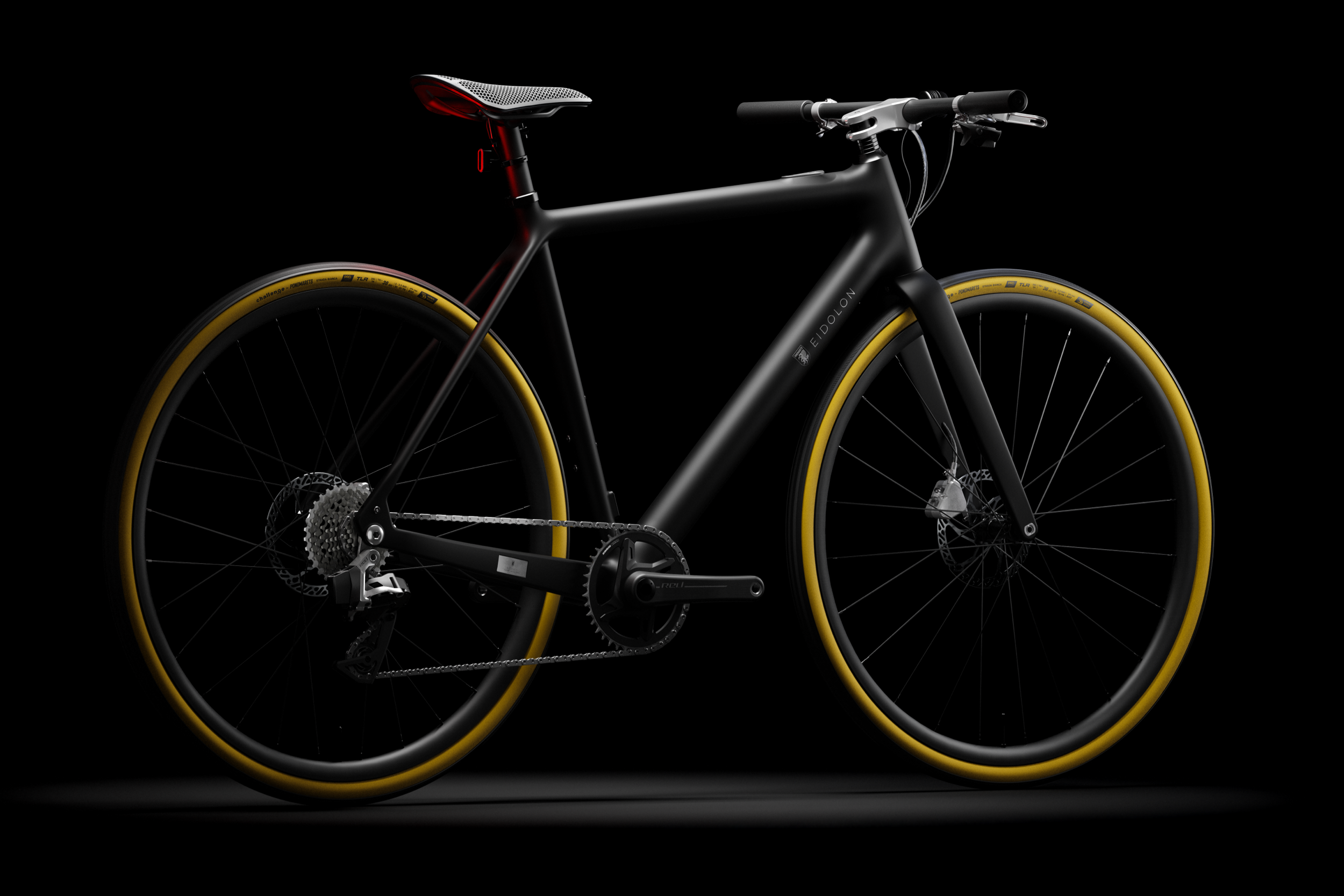 Jet Black Ponomarets EIDOLON eBike under a spotlight against a black background.