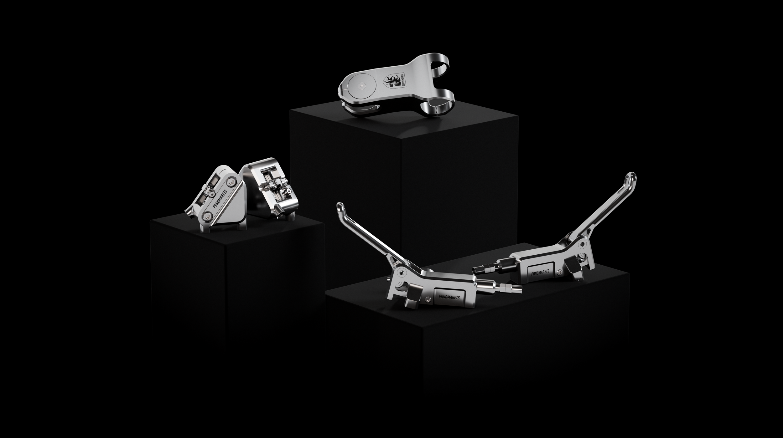 Ponomarets Gems precision components arranged on black plinths against a black background.