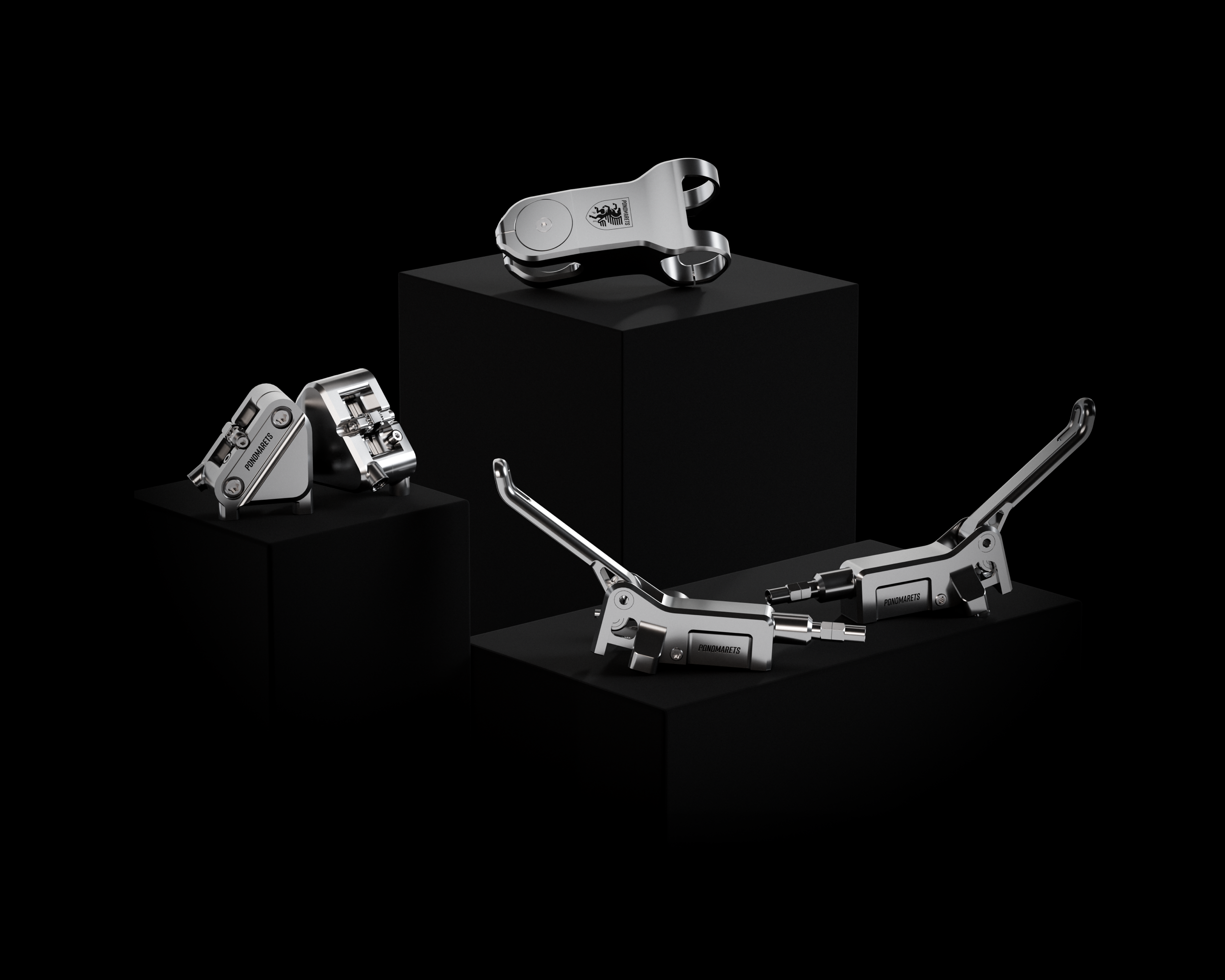 Ponomarets Gems precision components arranged on black plinths against a black background.
