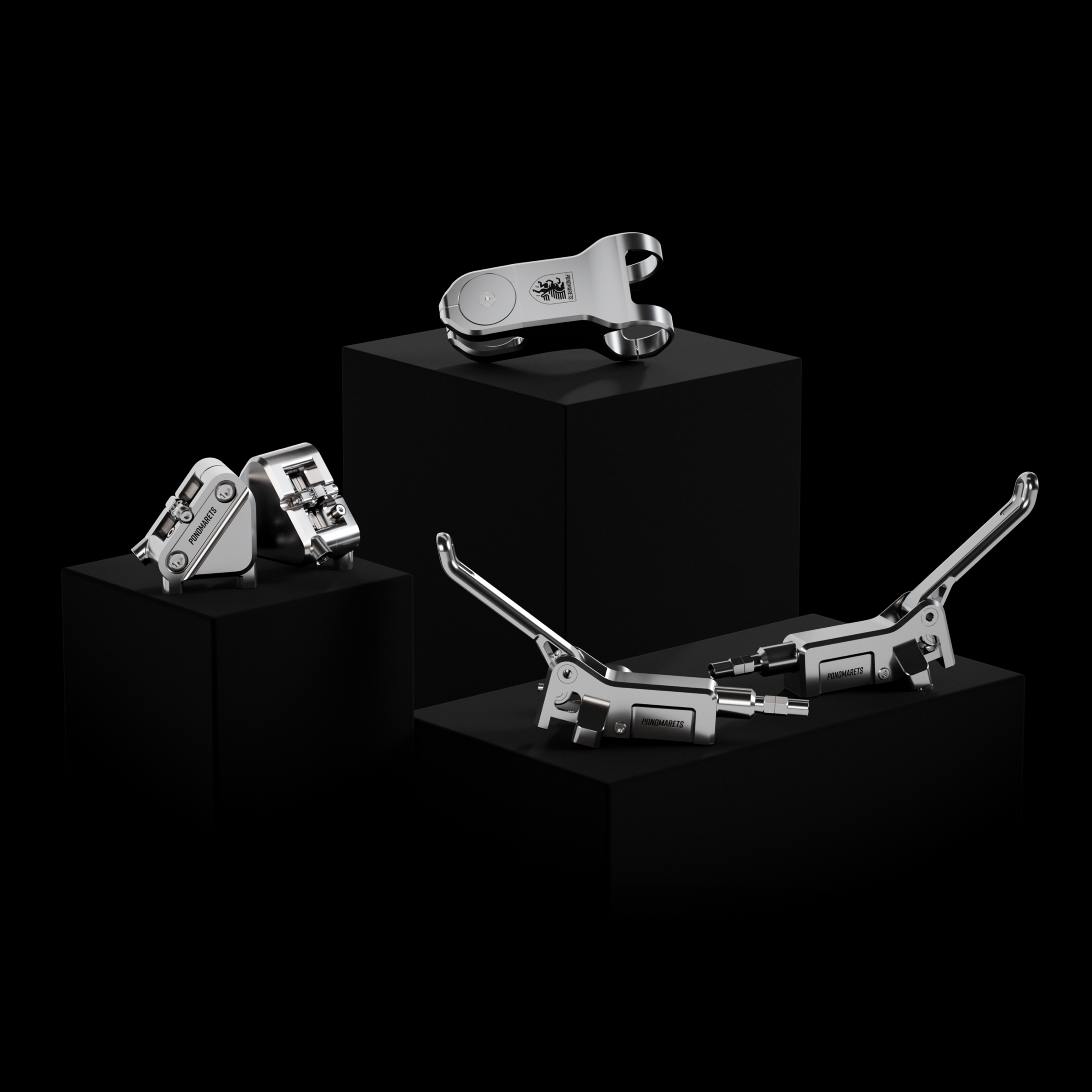 Ponomarets Gems precision components arranged on black plinths against a black background.