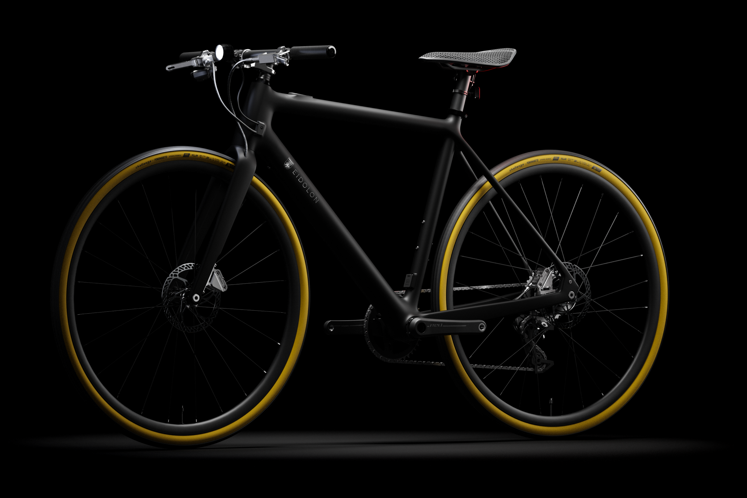 Jet Black Ponomarets EIDOLON eBike under a spotlight against a black background.