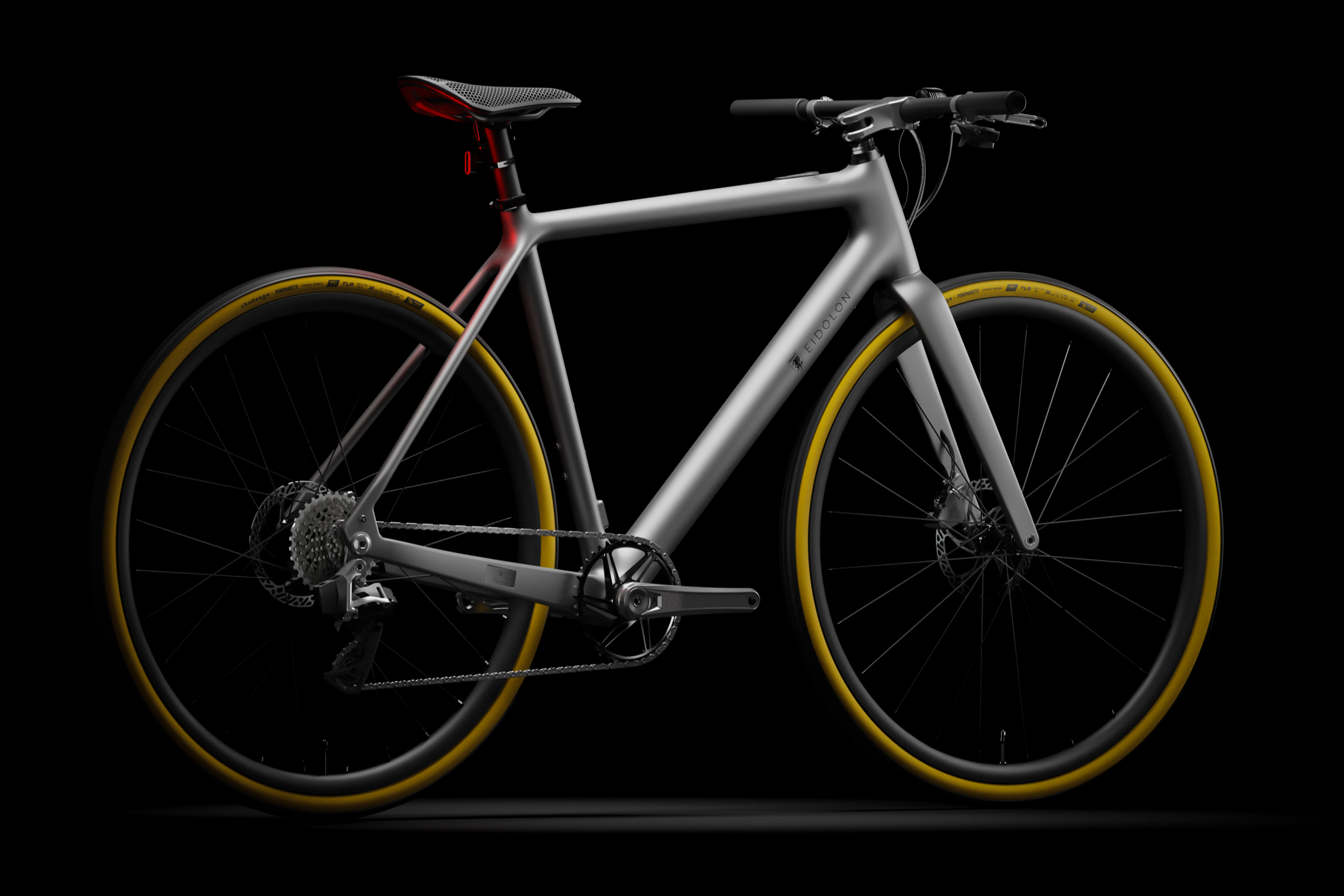 Platinum Silver Ponomarets EIDOLON eBike under a spotlight against a black background.