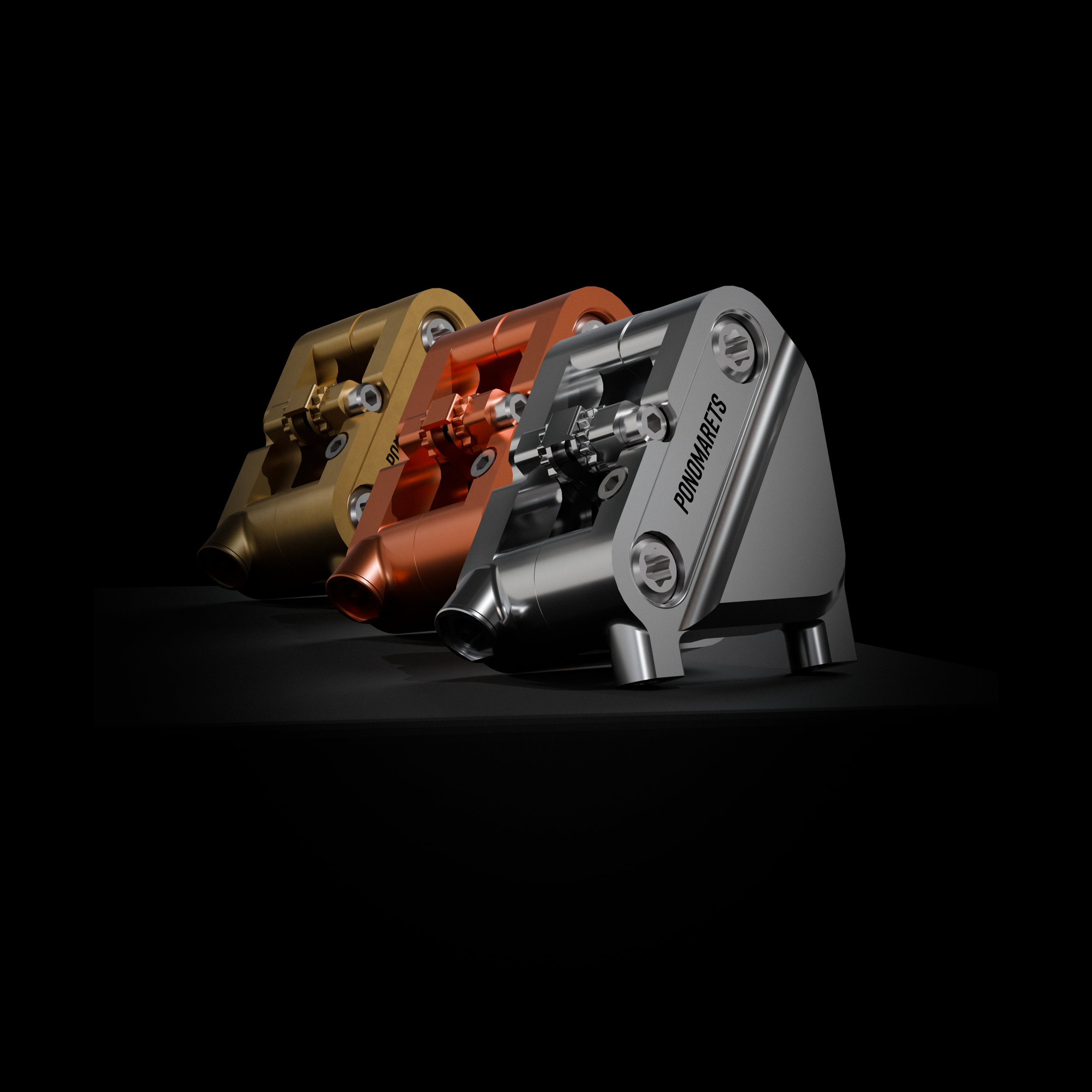 Ponomarets EIDOLON precision brake callipers in silver, copper and brass finishes, displayed on black pedestals against a dark background.