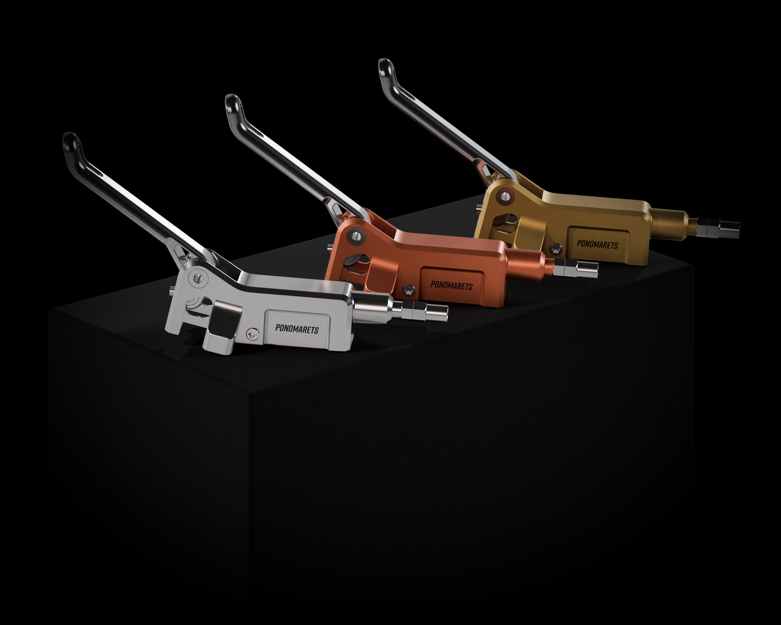 Ponomarets EIDOLON precision brake levers in silver, copper and brass finishes, displayed on black pedestals against a dark background.
