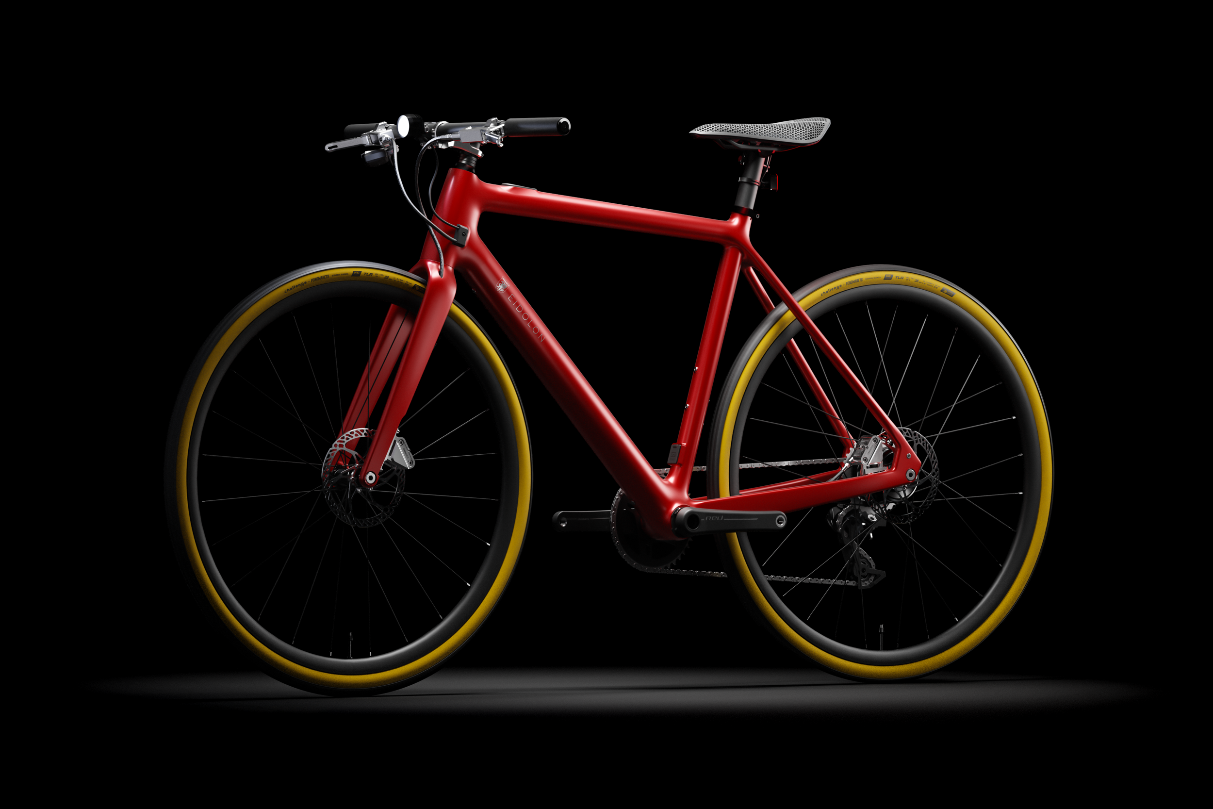 Ponomarets EIDOLON eBike finished in Red under a spotlight against a black background.