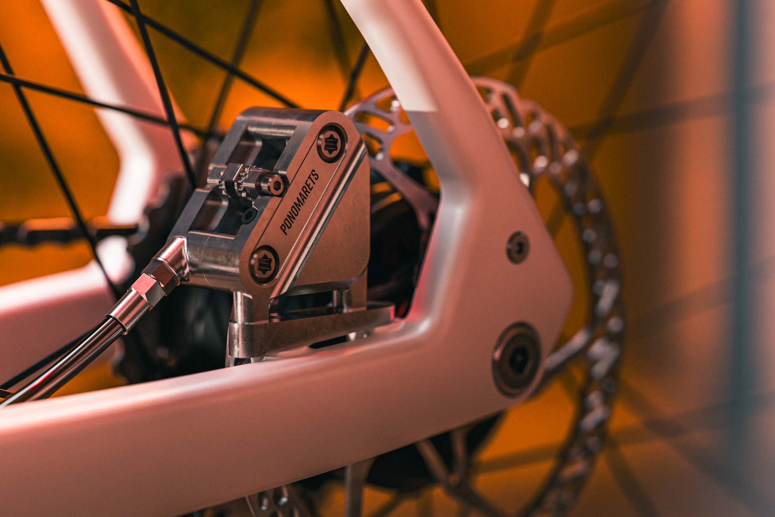 Ponomarets EIDOLON rear brake calliper and rotor close-up.