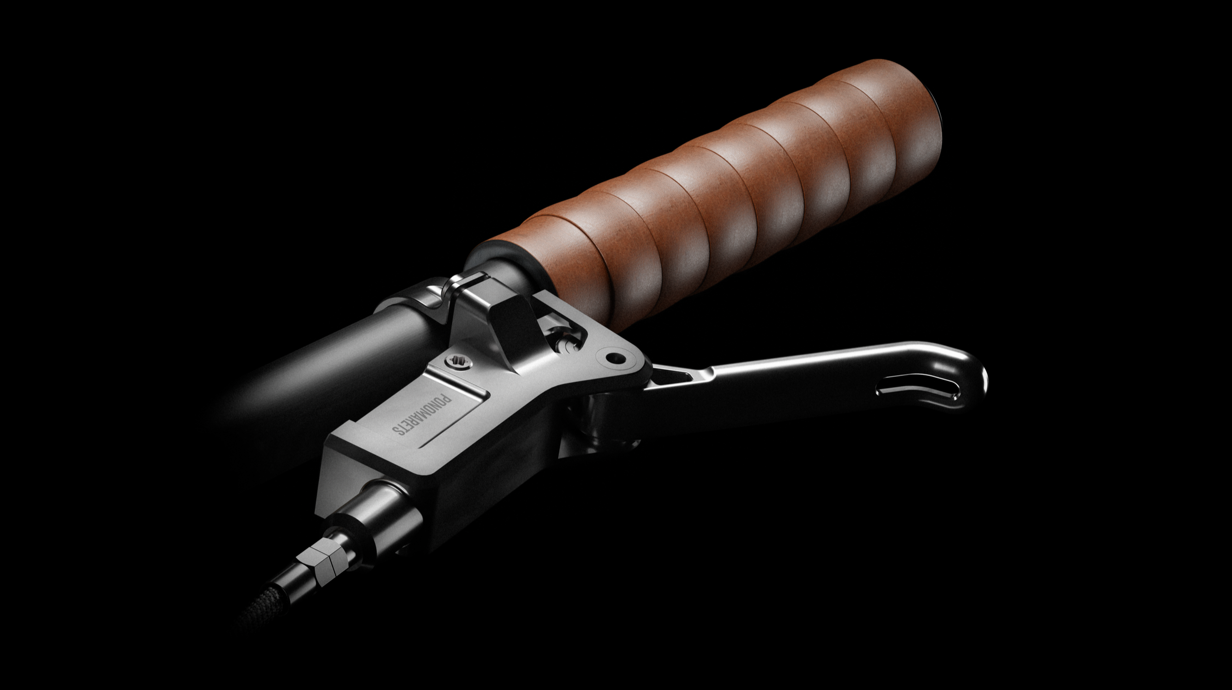Close-up of an EIDOLON handlebar with a brown leather grip and brake lever against a black background.