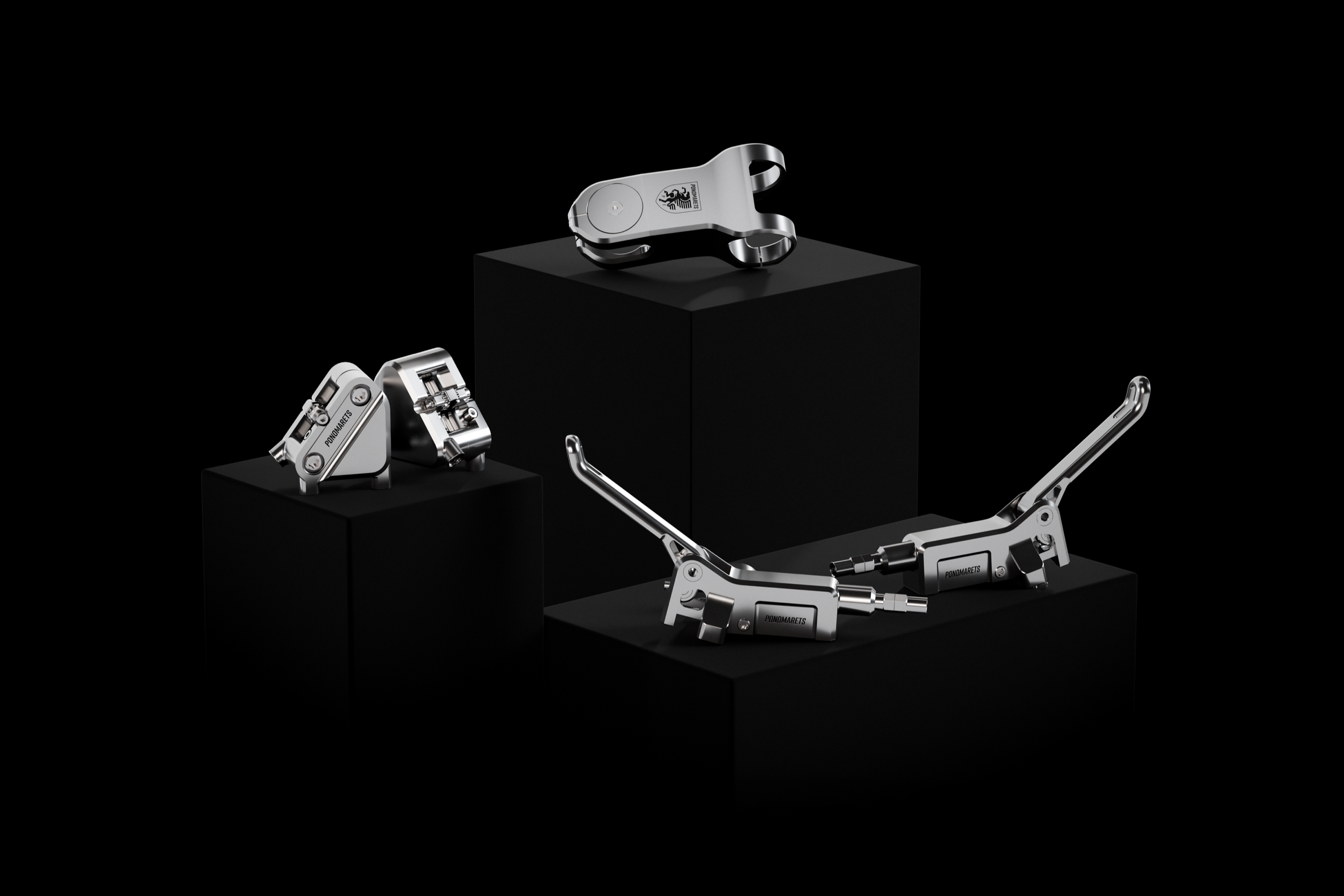 Ponomarets Gems precision components arranged on black plinths against a black background.