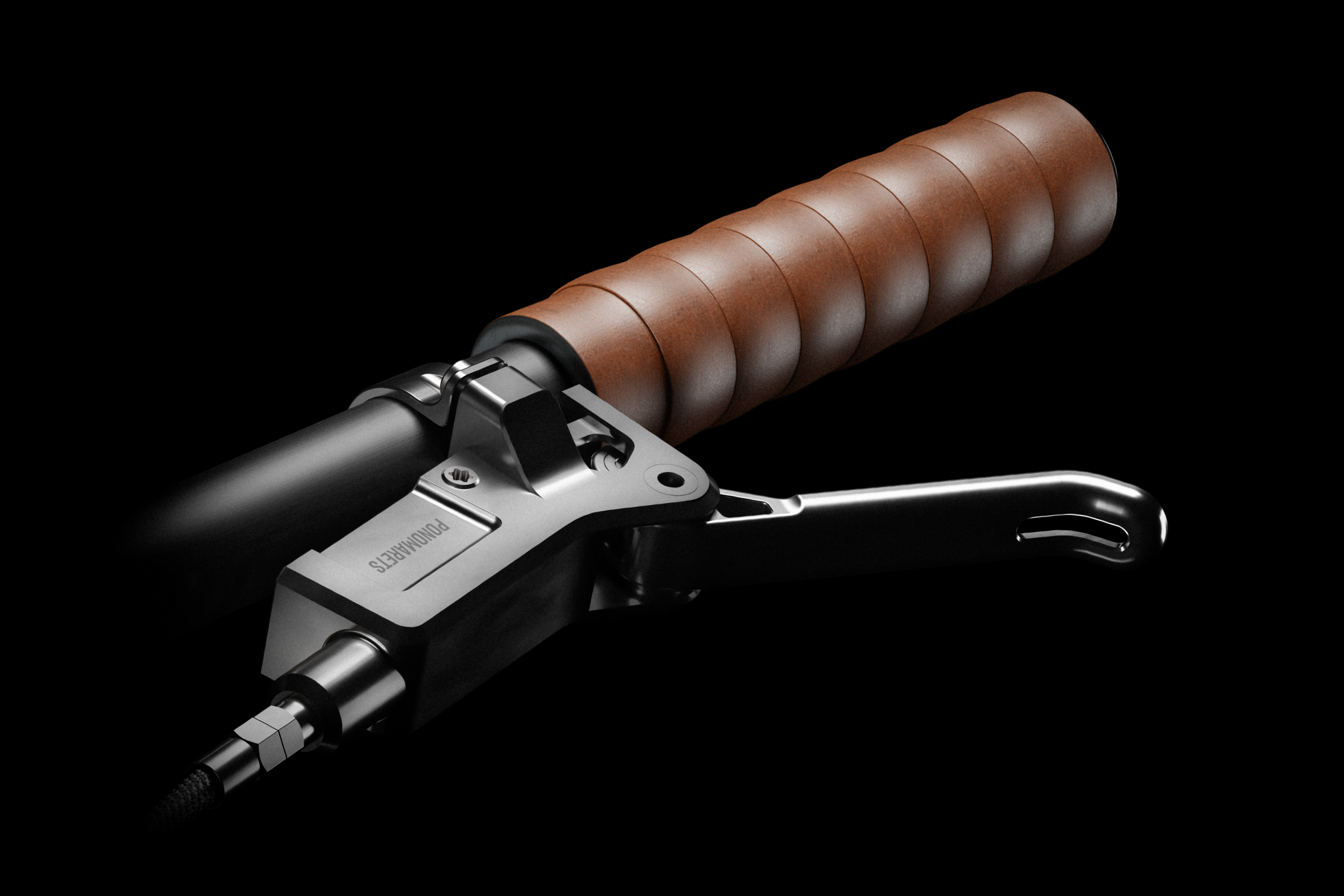 Close-up of an EIDOLON handlebar with a brown leather grip and brake lever against a black background.