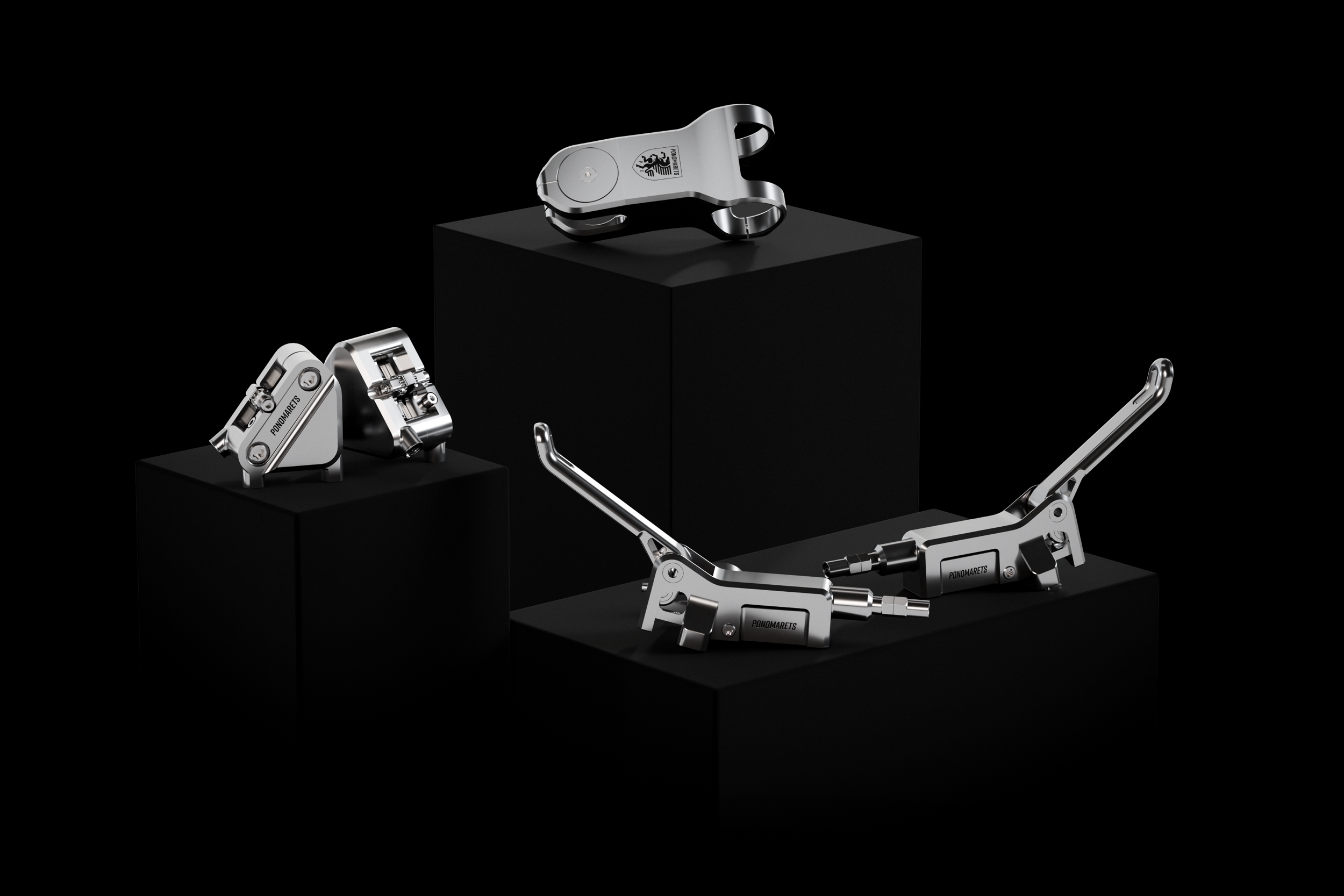 Ponomarets Gems precision components arranged on black plinths against a black background.