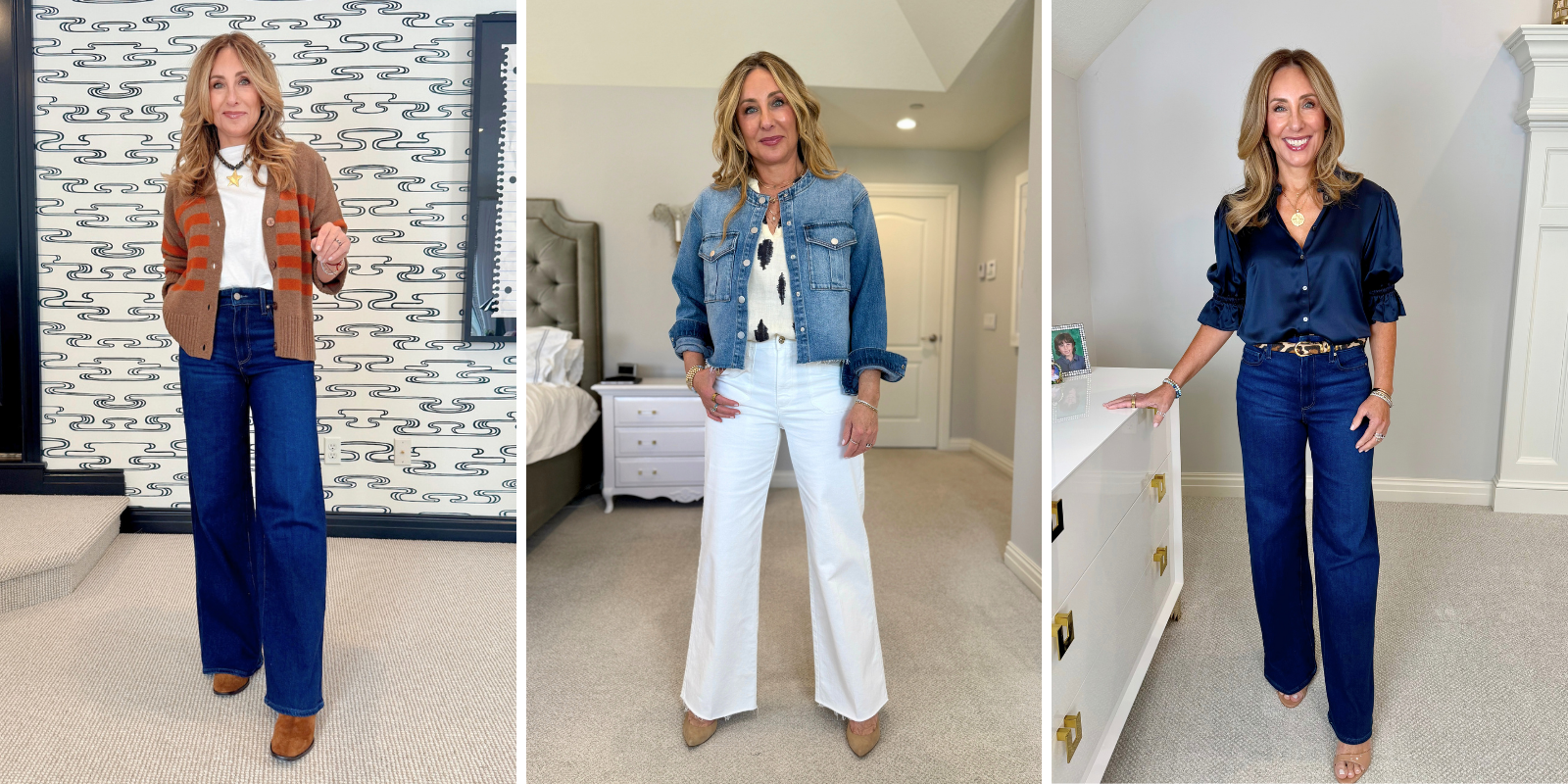 Personal stylist Hallie Abrams wearing Paige Anessa high rise wide leg jeans three ways: with a striped cardigan, a cropped denim jacket over white jeans, and a navy satin blouse