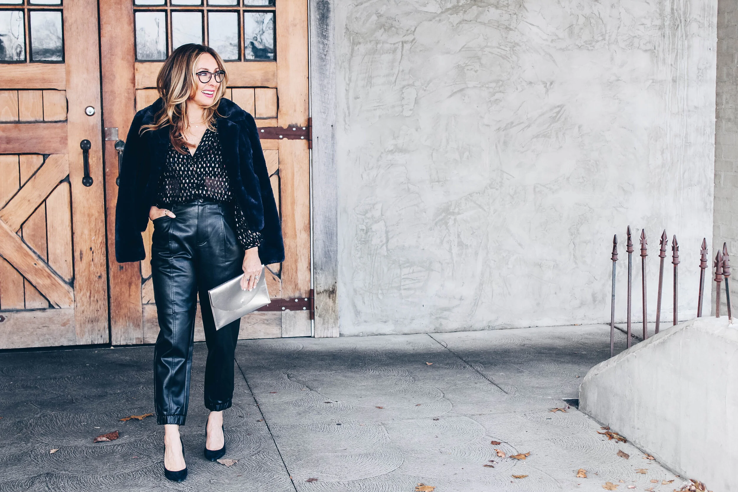 Faux leather pants with blouse