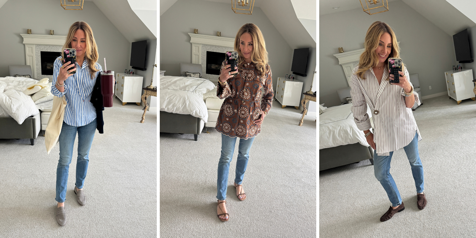 Hallie Abrams wearing Mother Dazzler mid rise straight leg jeans with a blue striped button-down, a brown embroidered tunic, and a pinstripe shirt with loafers