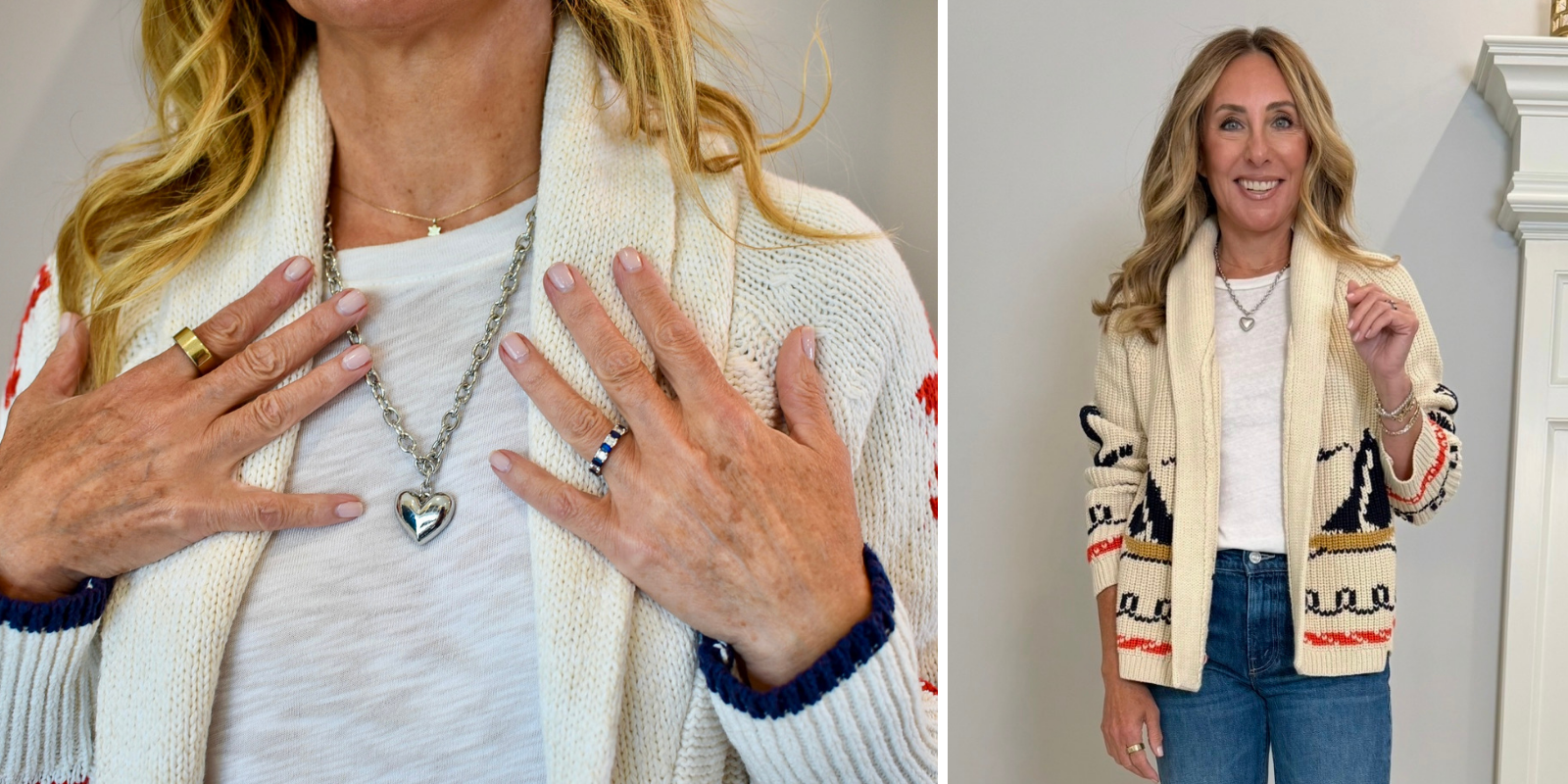 Close-up of the BaubleBar silver puffy heart necklace on a chunky link chain, a look for less for Roxanne Assoulin, styled with a nautical cardigan