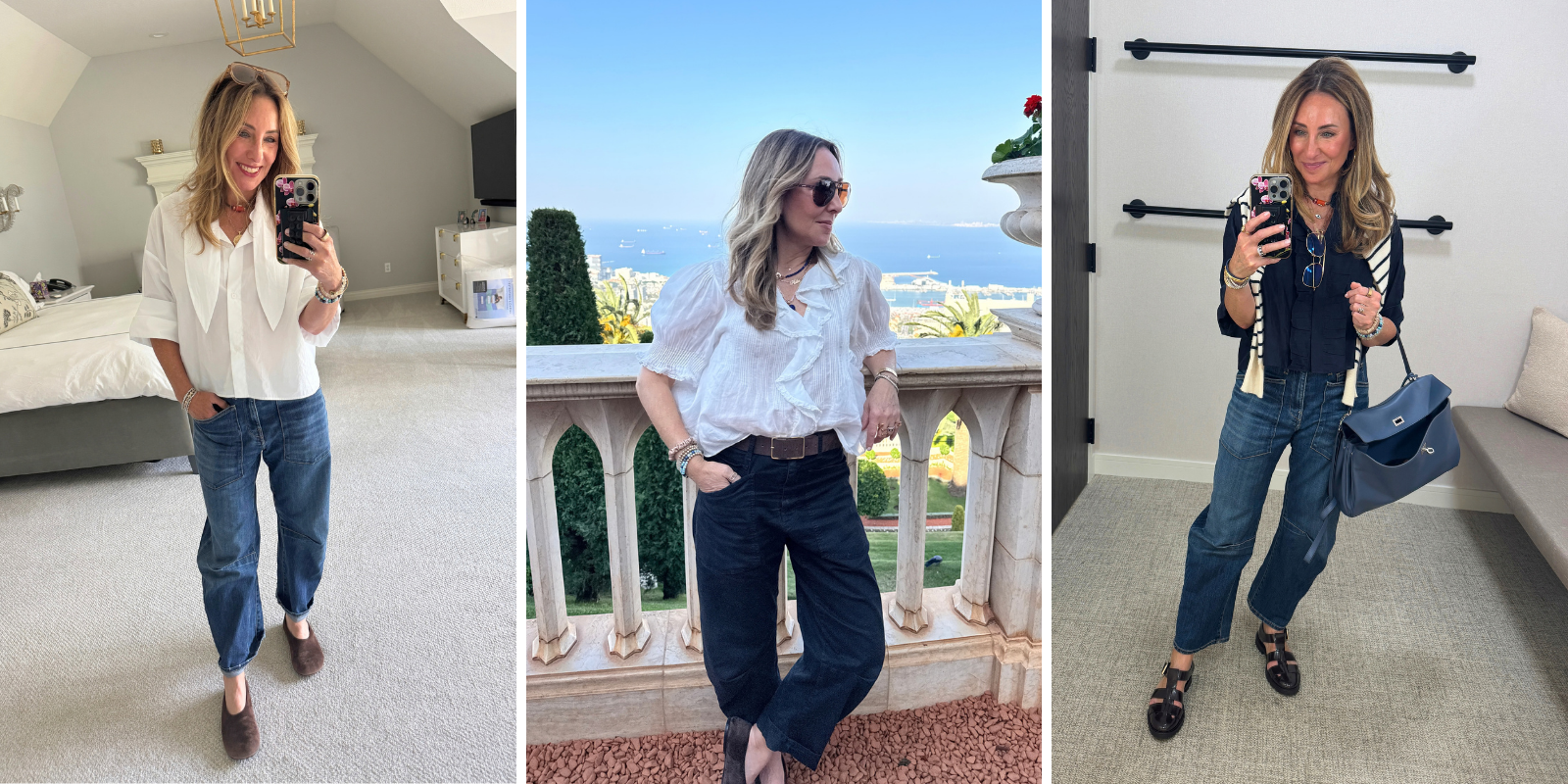 Hallie Abrams styling Nili Lotan Shon barrel jeans with a white blouse and suede flats, a ruffled white top on vacation, and a navy tee with fisherman sandals