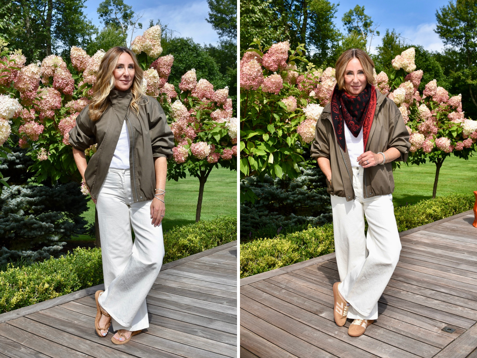 Hallie wearing an olive Aritzia Geneva funnel neck jacket over a white tee with cream wide-leg jeans, styled two ways: with tan sandals, and with a red and black paisley scarf and tan suede sneakers.