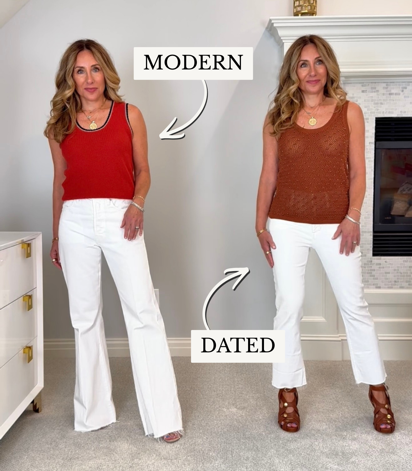 Hallie Abrams in a white tank with cropped kick flare jeans and platform sandals beside wide leg jeans with a strappy sandal