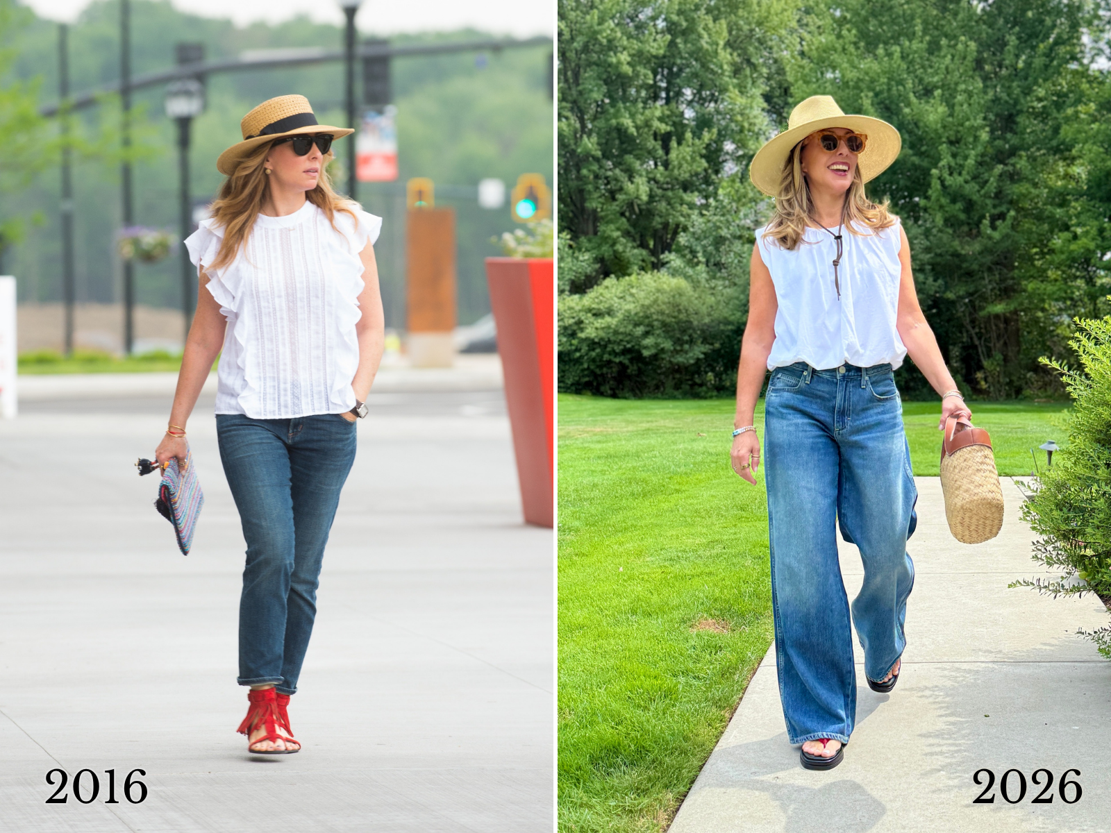 Hallie Abrams in a white ruffle top and straight jeans in 2016 beside a 2026 blouson white top with wide leg jeans