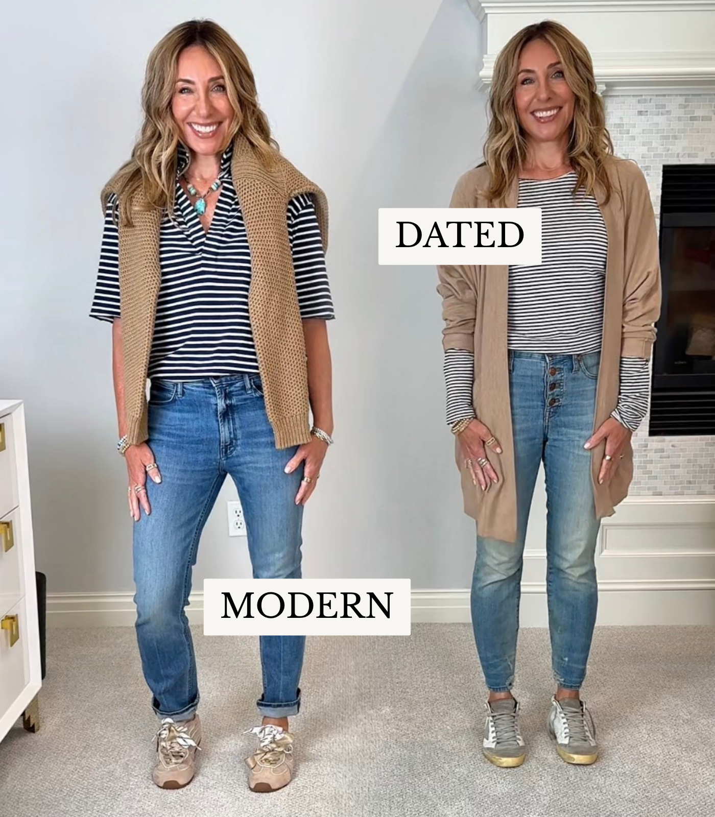 Hallie Abrams in a striped top with straight jeans and low profile sneakers beside skinny jeans with a long cardigan