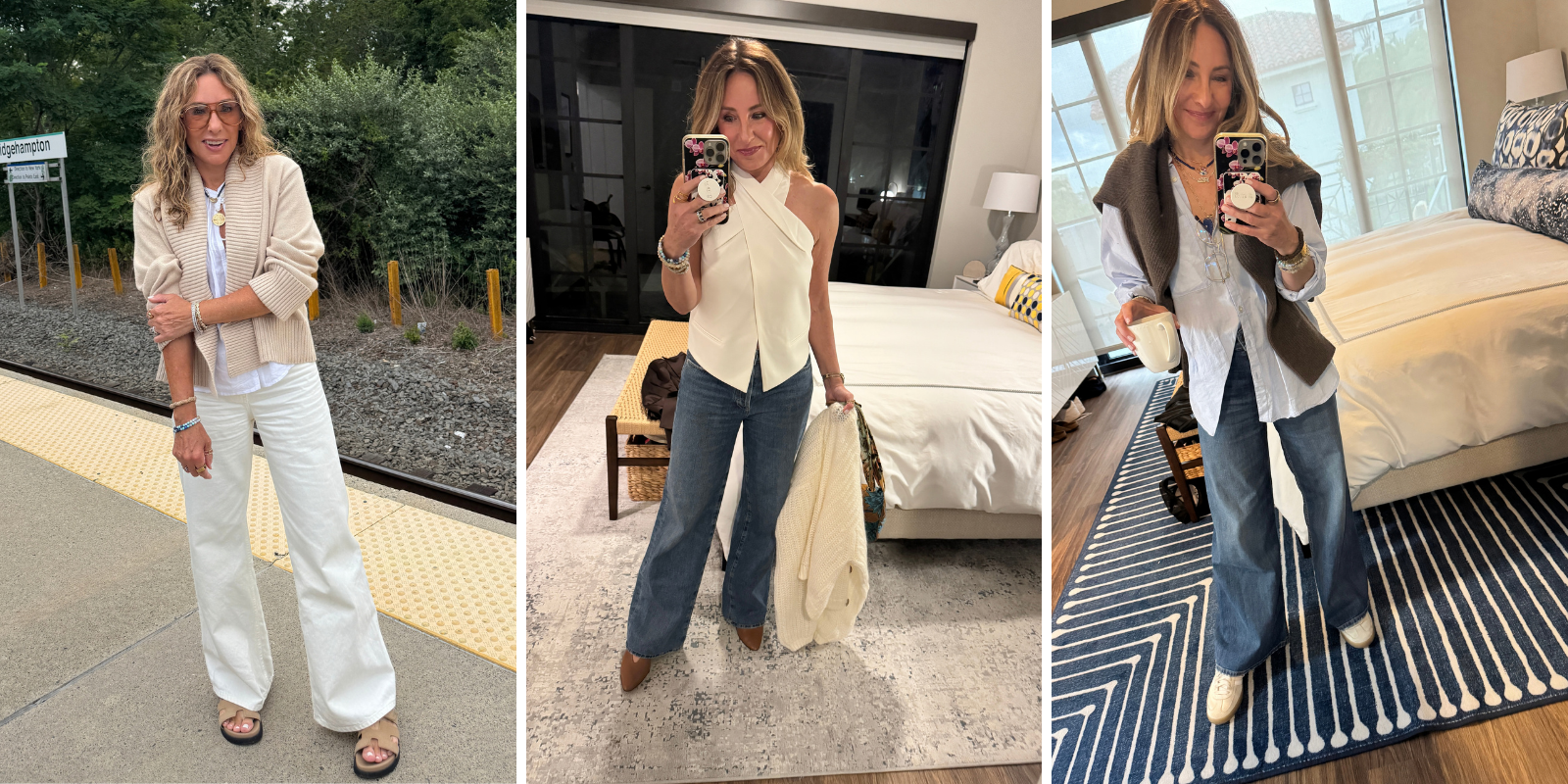 Nili Lotan Meg wide leg jeans in white with a cream cardigan, and in denim with a cream halter top and a white button-down with a sweater over the shoulders