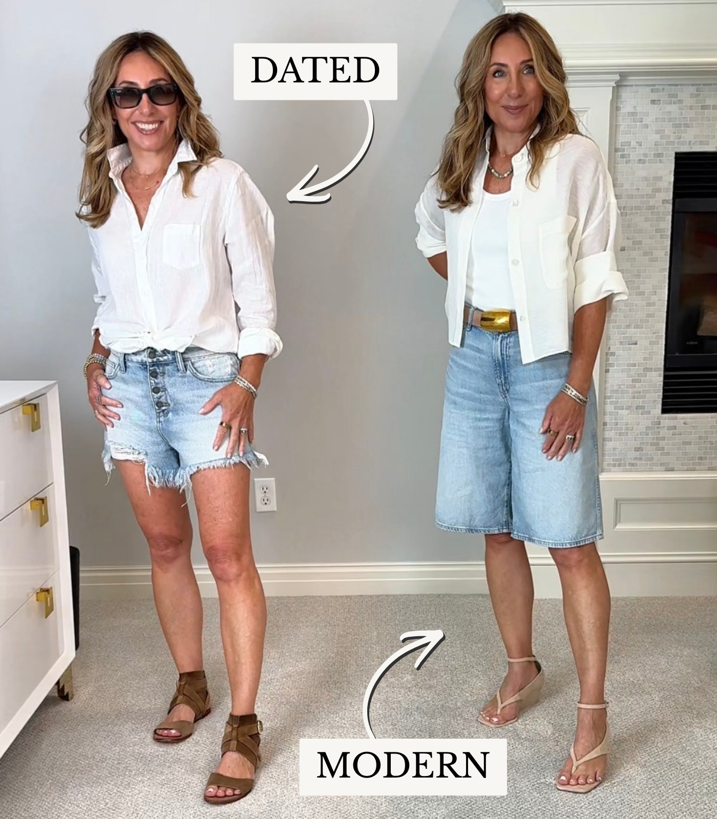Hallie Abrams in distressed cutoff denim shorts and a knotted white shirt beside longer denim shorts with a cropped button down
