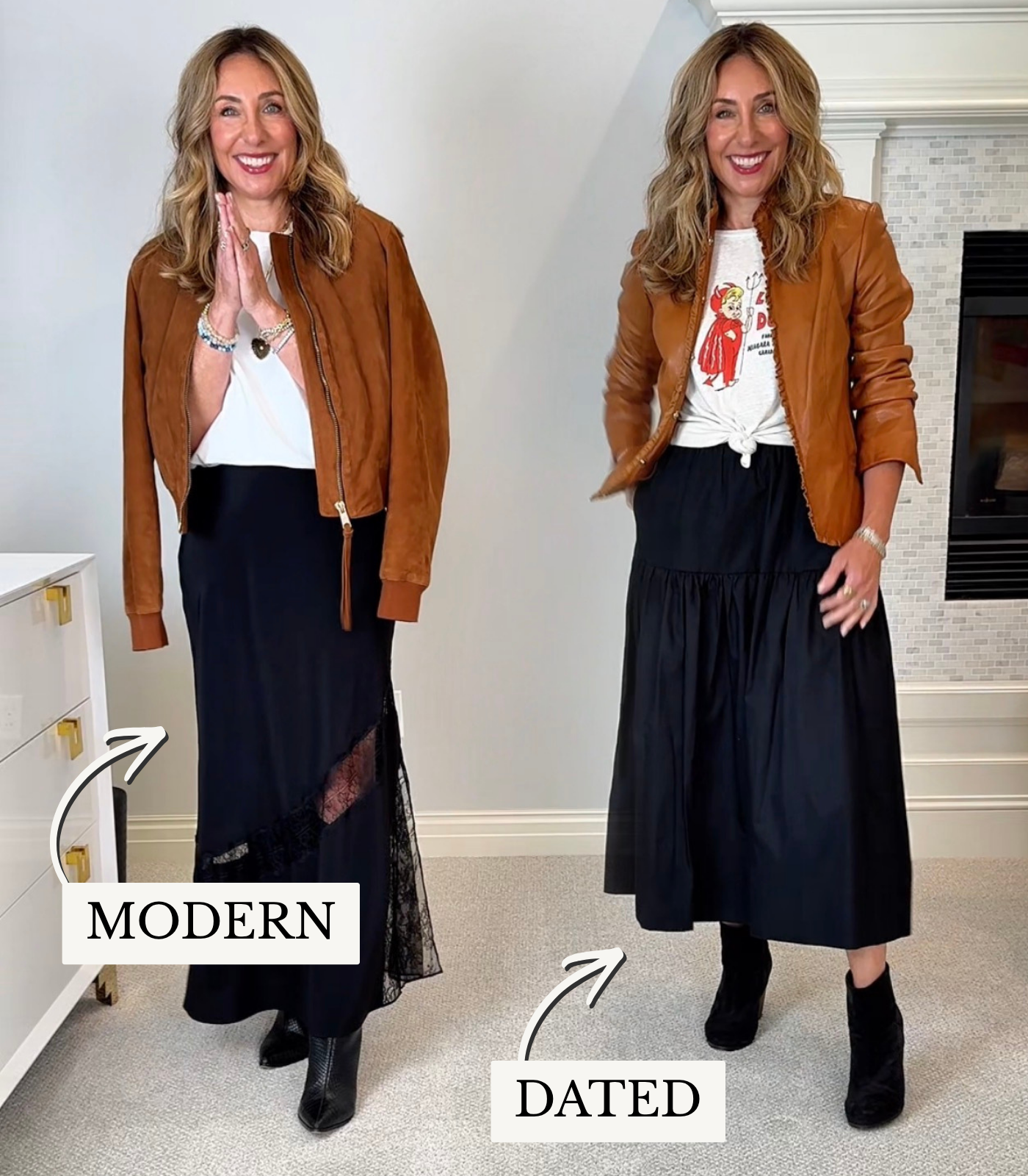Hallie Abrams in a black midi skirt with a bomber jacket beside a black maxi skirt with a graphic tee and booties