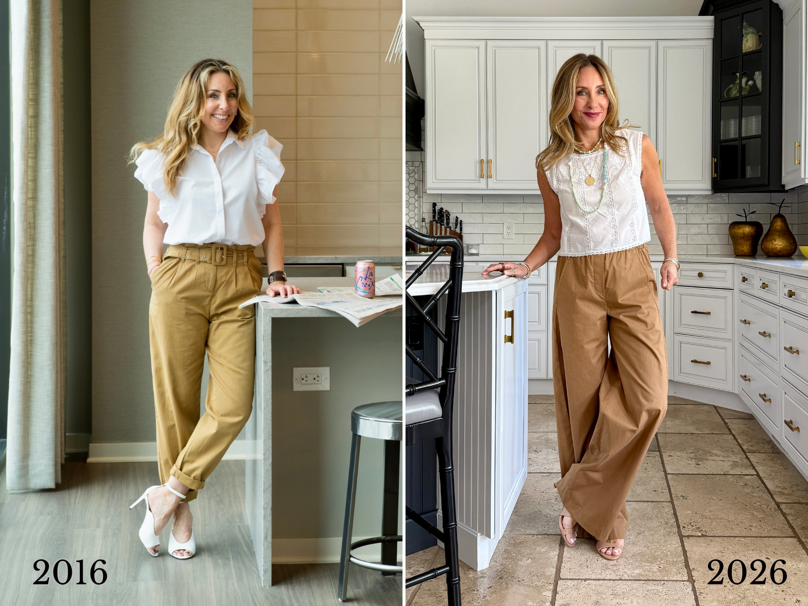 Hallie Abrams in khaki paper bag pants in 2016 beside a 2026 wide leg khaki trouser and cropped white top