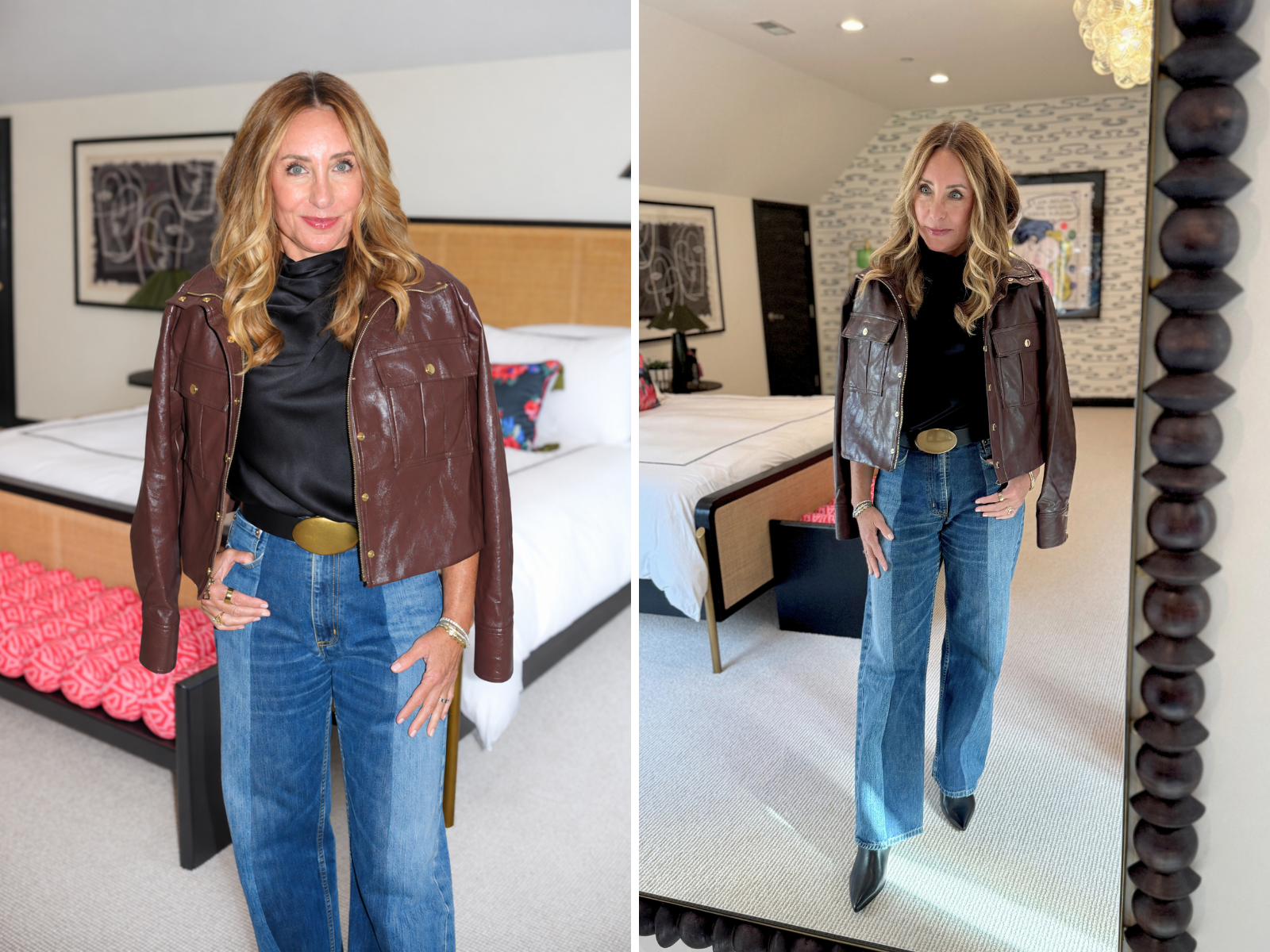 Hallie in a chocolate brown Alice + Olivia James faux leather cropped jacket over a black satin funnel neck top, two-tone wide-leg jeans with a gold buckle belt, and black pointed-toe boots.