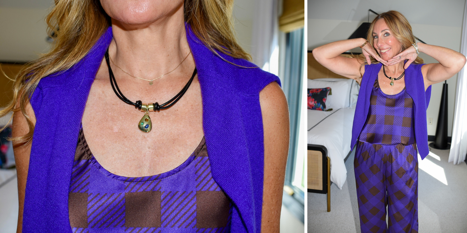 Hallie in the BaubleBar leather cord pendant necklace, a look for less for the Éliou necklace, with a purple check top and vest