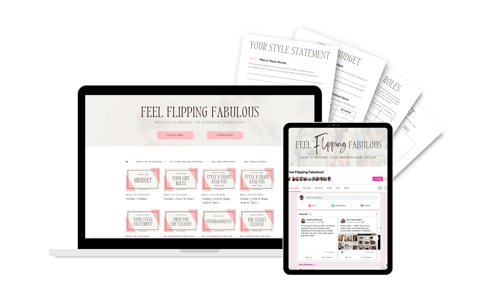 Laptop and tablet displaying a fashion styling course called 'Feel Flipping Fabulous,' with course modules, and documents related to style statements and wardrobe roles.