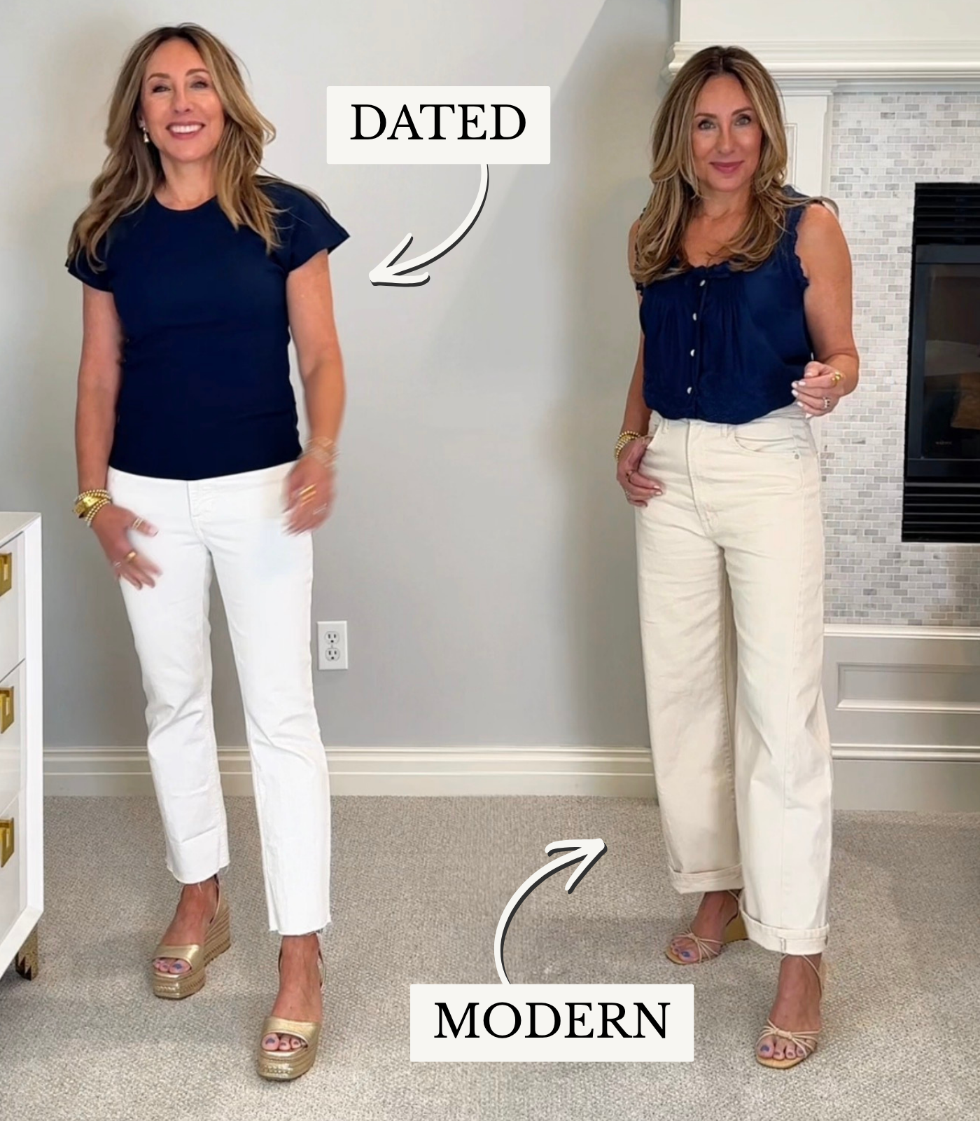 Hallie Abrams in a white top with high rise white jeans beside a lower rise white jean with a chunky platform