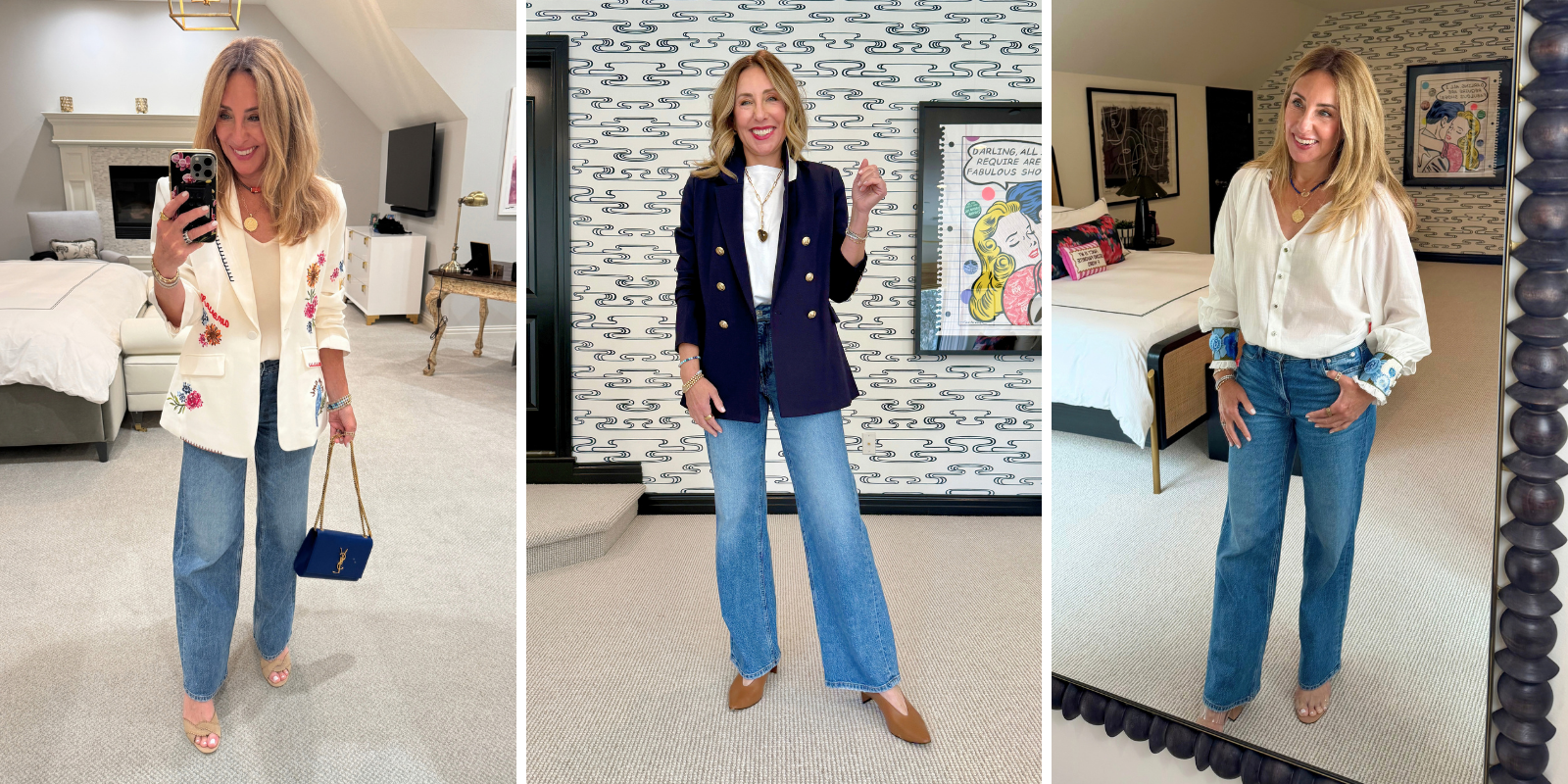 AYR Secret Sauce straight leg jeans styled with an embroidered white blazer, a navy double-breasted blazer and tan heels, and a white blouse with clear sandals