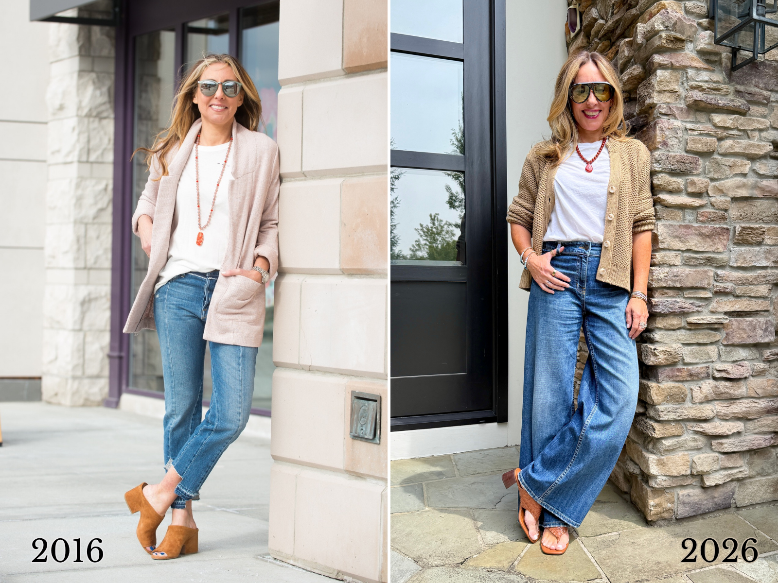 Hallie Abrams in a long blush cardigan and straight jeans in 2016 beside a 2026 hip length cardigan with wide leg jeans