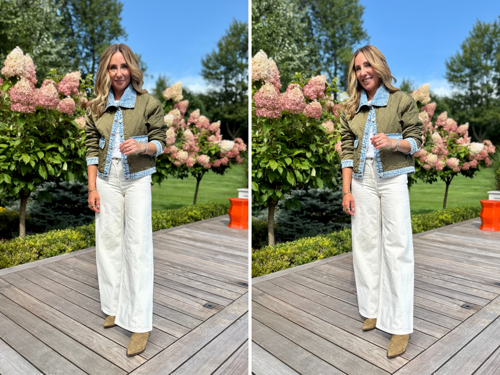 Hallie in an olive quilted BLANKNYC Ice Cold jacket with light denim trim and a denim funnel neck collar, white tee, cream wide-leg jeans, and tan suede pointed-toe boots.